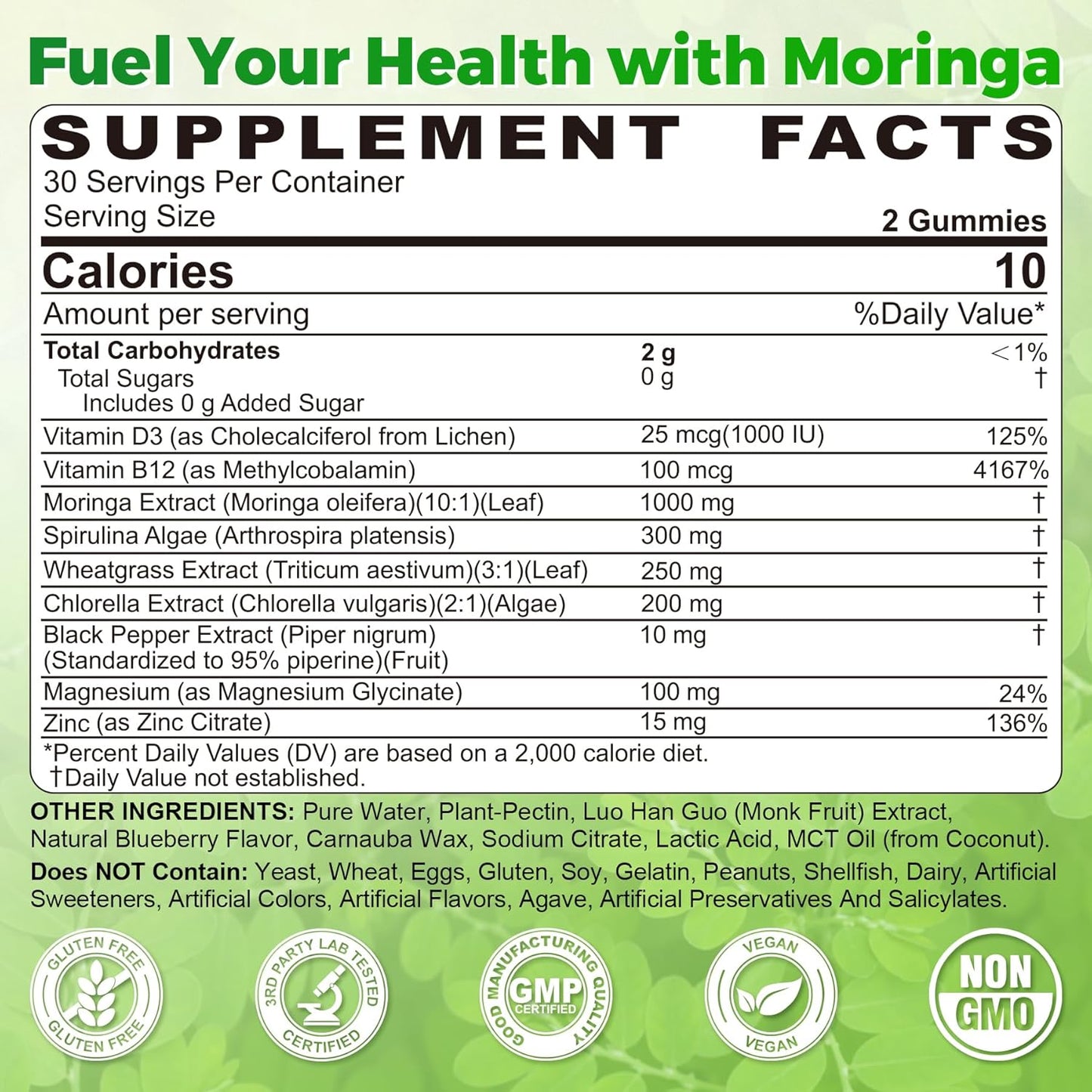 Organic Moringa Spirulina Gummies, Rich in Antioxidants, Essential Vitamins & Amino Acids, Pure Moringa Oleifera Leaves with Wheatgrass & Chlorella for Energy & Immunity, Green Superfood, 120 Cts