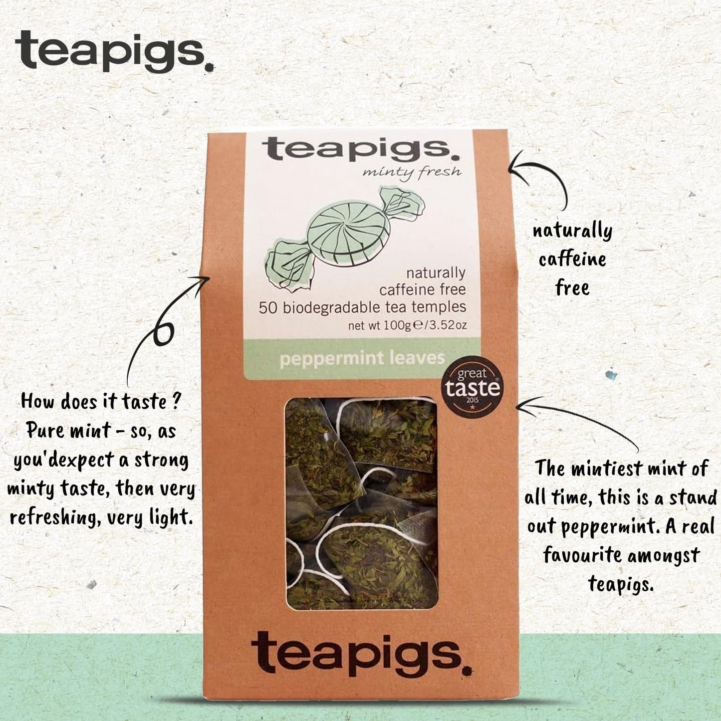 Teapigs Peppermint Leaves Tea Bags Made with Whole Leaves, Caffeine-Free, Natural Ingredients (1 Pack of 50 Teabags)
