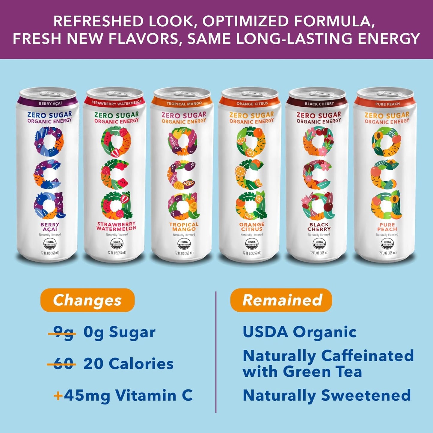 OCA ZERO Variety Pack, Organic energy drink, zero sugar, gluten-free, vegan plant-based, 12 Fl Oz (12-pack)