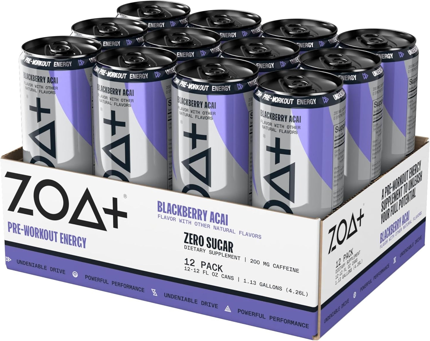 ZOA+ Pre-Workout Energy Drink Supplement - NSF Certified for Sport with Zero Sugar, Nitric Oxide Support, B & D Vitamins, Amino Acids, and Electrolytes (BlackBerry Acai)