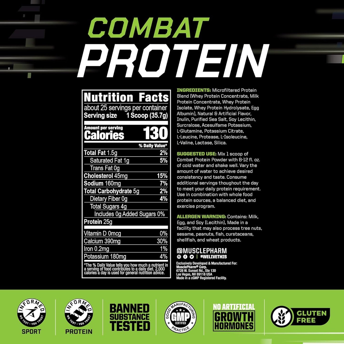 MusclePharm Combat Protein Powder, Vanilla Flavor, Fuels Muscles for Productive Workouts, 5 Protein Sources Including Whey Protein Isolate & Egg Albumin, Gluten Free, 2 lb, 25 Servings