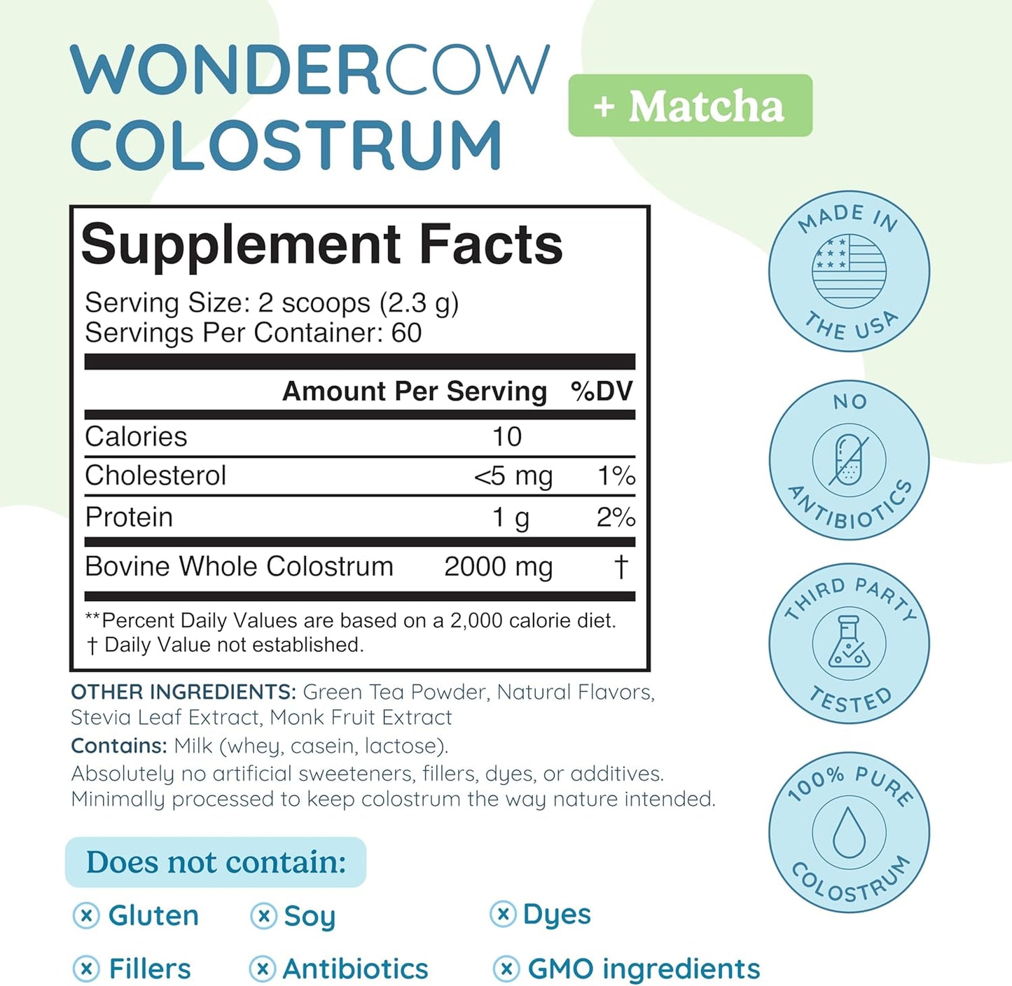 Colostrum Supplement Powder for Gut Health, Immune Support, Muscle Recovery & Wellness | Natural IgG Pure Whole Bovine Colostrum Superfood, Matcha, 60 Servings