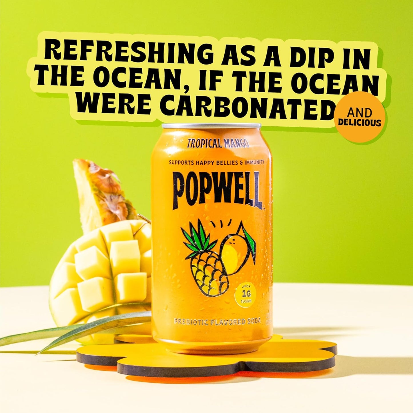Popwell Tropical Mango Better-For-You Prebiotic Soda, with 6g Fiber, 1g Sugar, Vitamins and Immunity Support, 12 fl oz Cans (pack of 12)