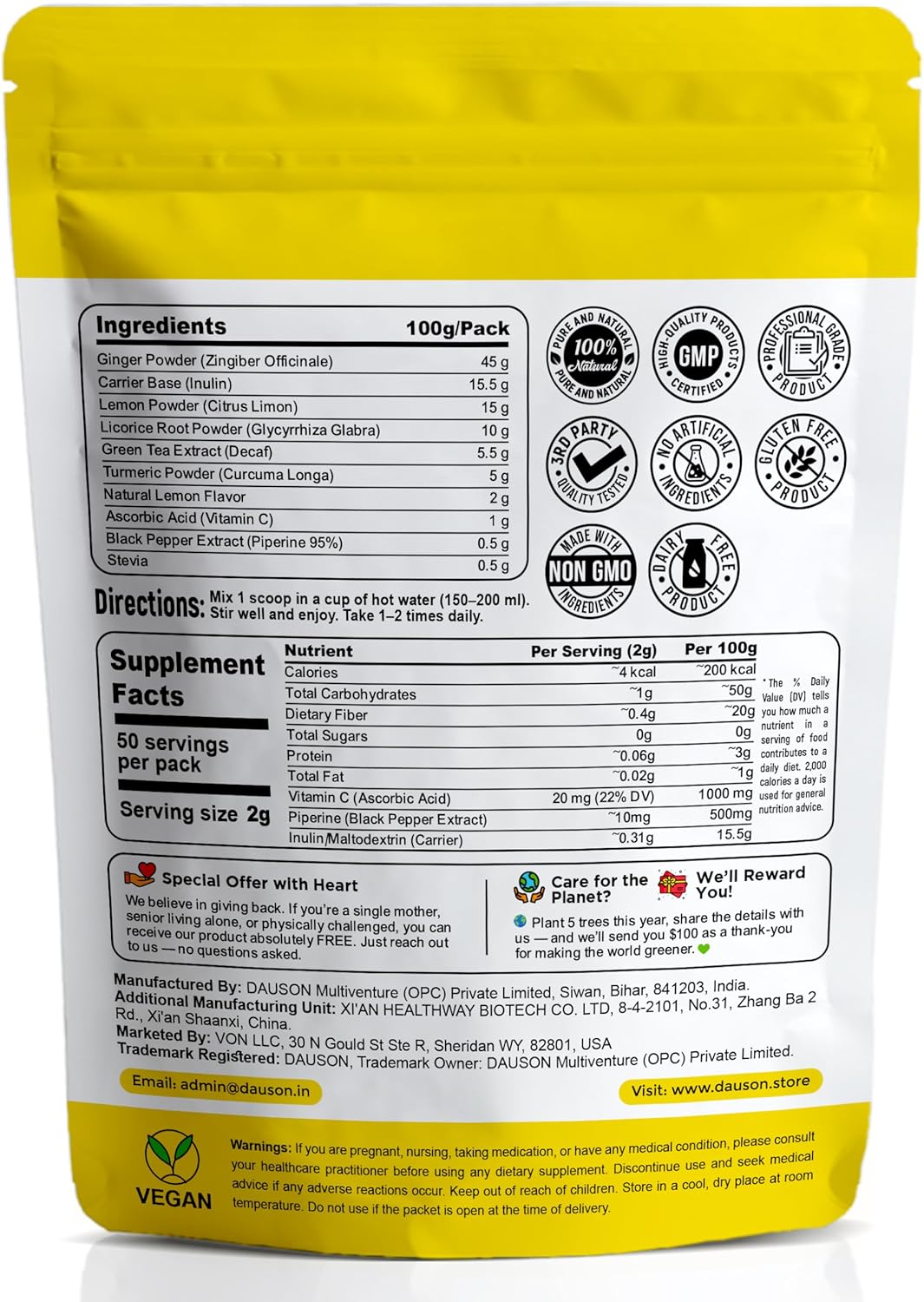 Ginger Tea Mix – 50 Servings | Instant Powder with Lemon, Turmeric, Licorice & Vitamin C | Caffeine-Free Herbal Blend with Green Tea Extract & Black Pepper | Natural Detox & Immune Support