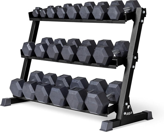 REP Fitness Rubber Hex Dumbbell Set, Adjustable Weight Pairs, Home Gym Equipment, Strength Training For Men Women, Black Coated Grips, Workout Rack Storage Optional, Heavy Lb Free Weights