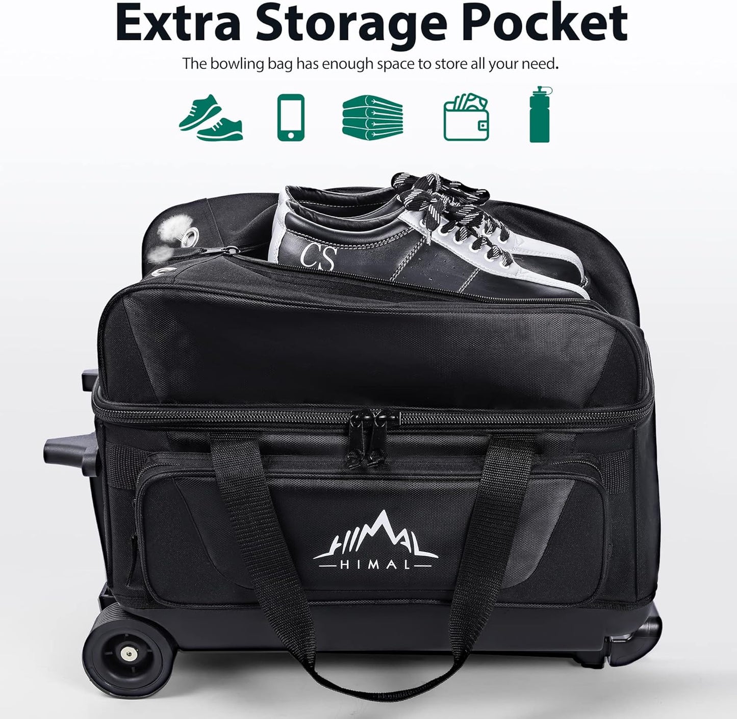 Double Roller 2 Ball Bowling Bag with Separate Shoe Compartment for Bowling Shoes (Up To US Mens Size 15) and Oversized Accessory Pocket, Retractable Handle - Extends to 40"