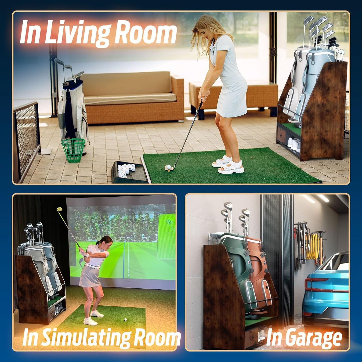 Golf Bag Organizer Storage for 2 Bags with Drawer – Easy Assemble Golf Club Stand Ideal for Garage, Clubs and Basement