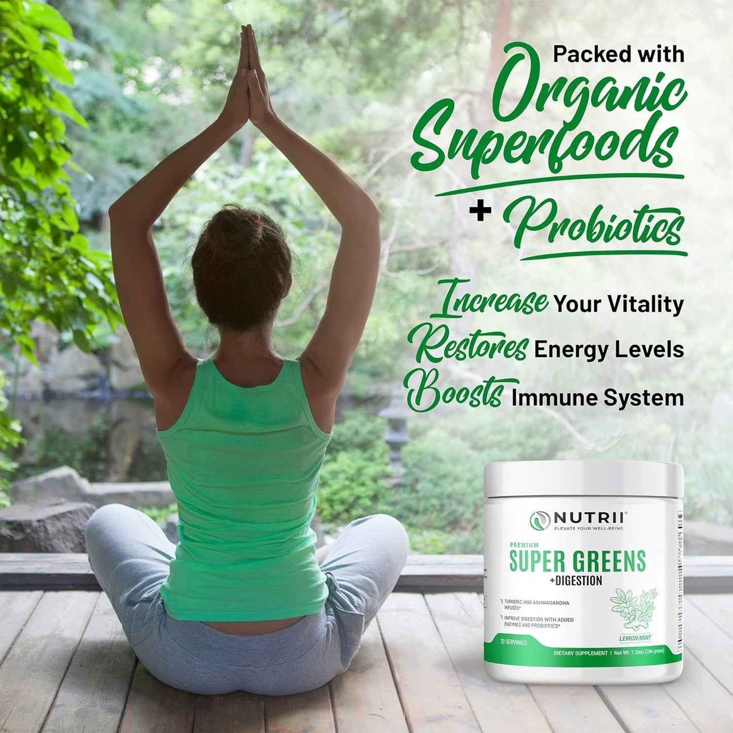 Organic Green Immunity Superfood Powder - Soothes Digestion, Boosts Healthy Vitality and Energy. Fast Acting Formula with Probiotics, Enzymes, Turmeric and Ashwagandha (30 Servings Lemon-Mint)