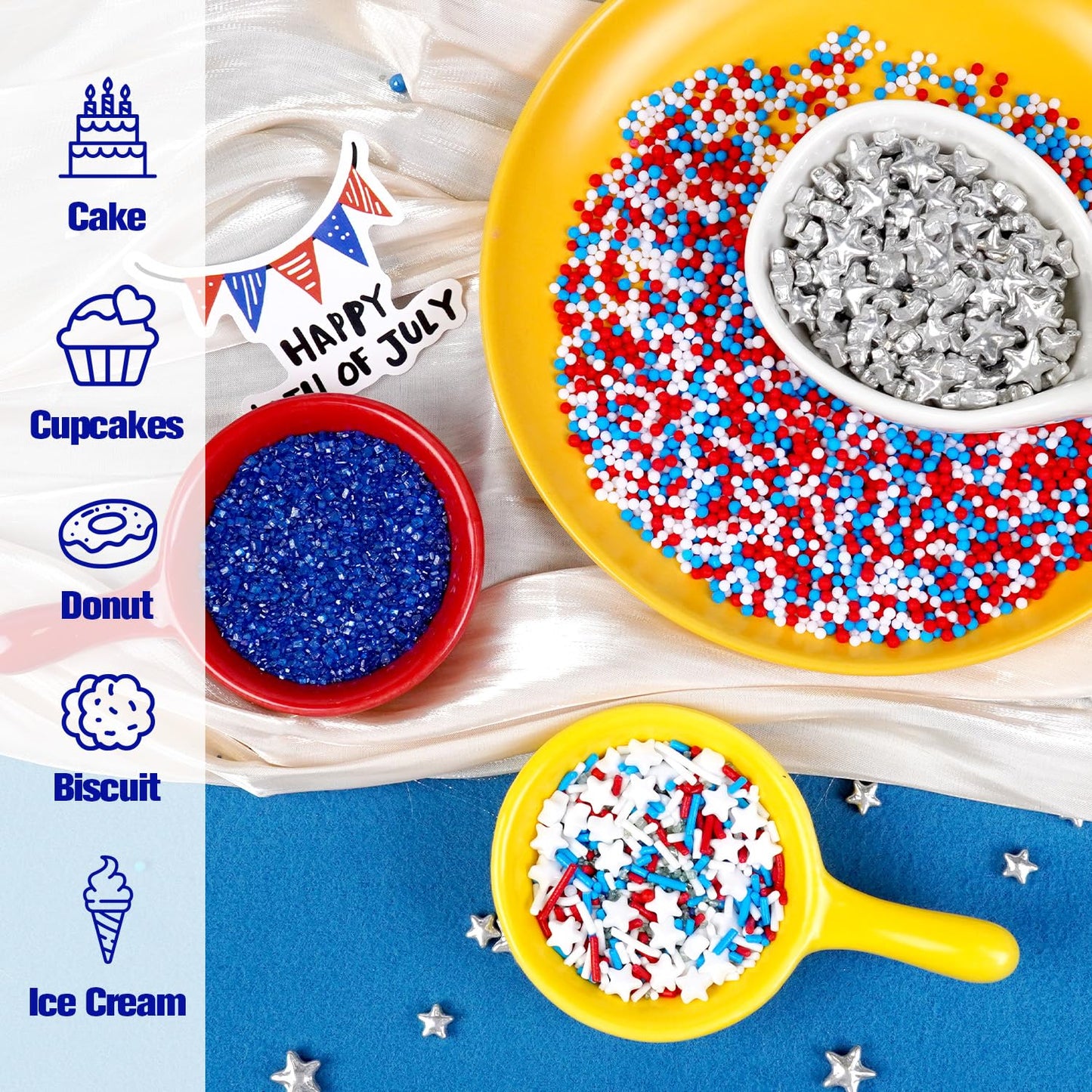 4th of July Sprinkles, Patriotic Sprinkle, Red White and Blue Sprinkles for Cupcakes Cake Decorating, Silver Star Mix, 160g/5.64oz, Cake Decorations, Baking Ice Cream Toppings