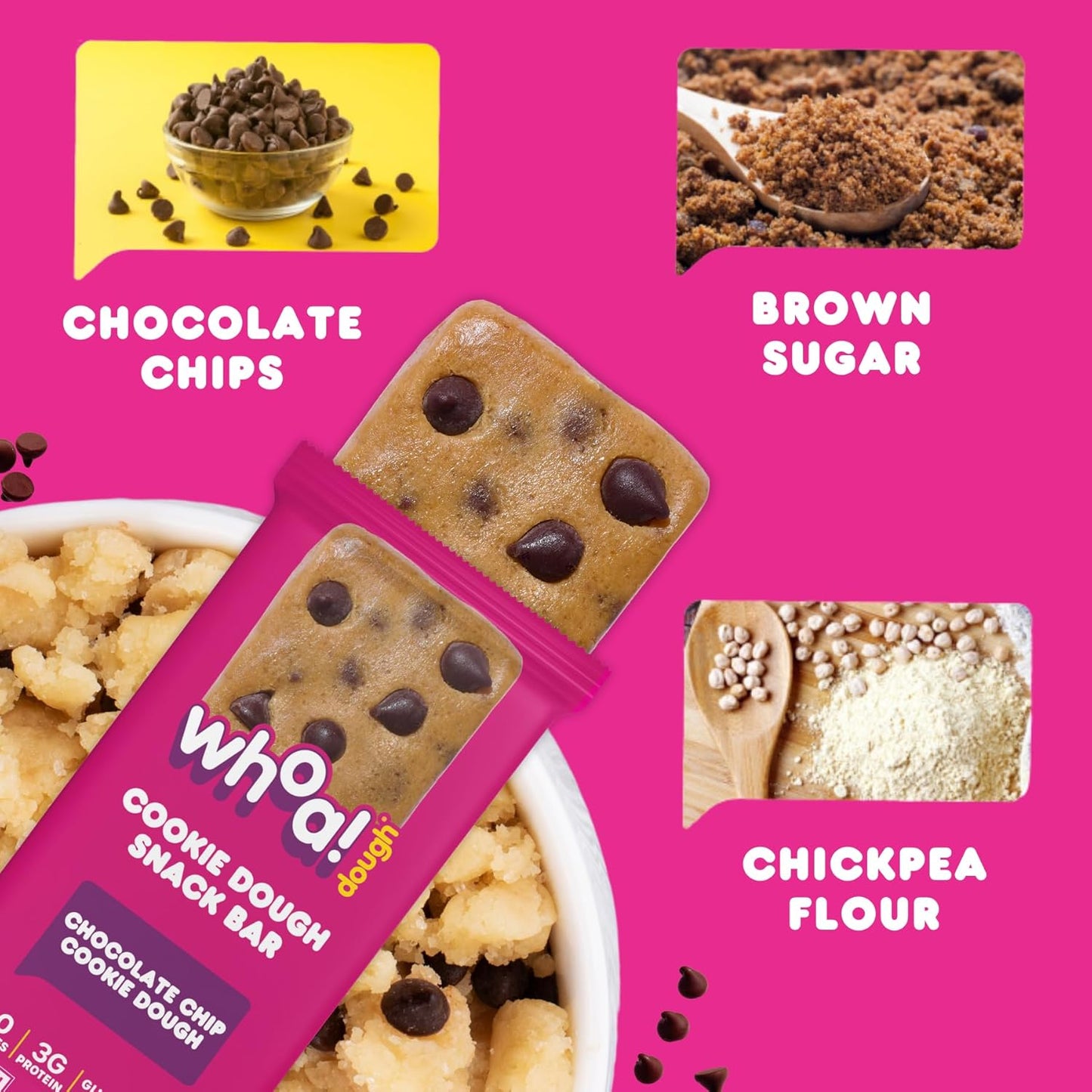 Whoa Dough Edible Cookie Dough Bars- Certified Non-GMO, Kosher and Gluten Free Bars - Healthy Snack Foods - Plant Based Snacks Made With Real Ingredients - Chocolate Chip Cookie Dough - 10 Pack