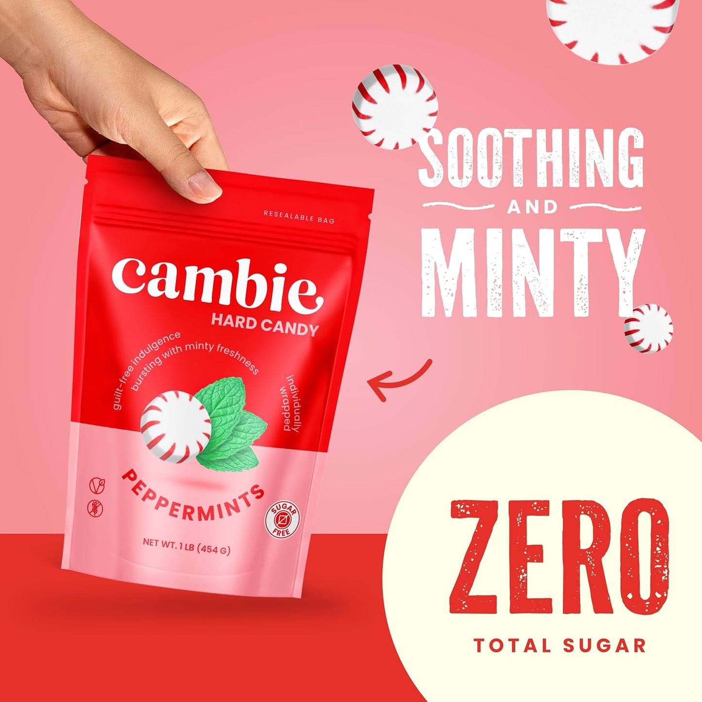 Cambie Sugar Free Mints, 1 lb of Sugar Free Hard Candy, Individually Wrapped Peppermints with a Refreshing & Sweet Mint Flavor, Packaged Fresh in a Resealable Pouch