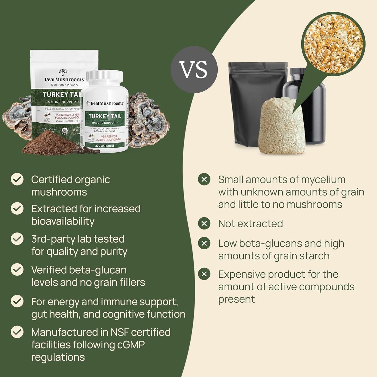 Real Mushrooms Turkey Tail Mushroom Powder – Organic Turkey Tail Extract from – for Wellness, Gut Harmony, & Energy Support – Vegan, Non-GMO, No Fillers – 100 Servings Functional Mushroom Supplement