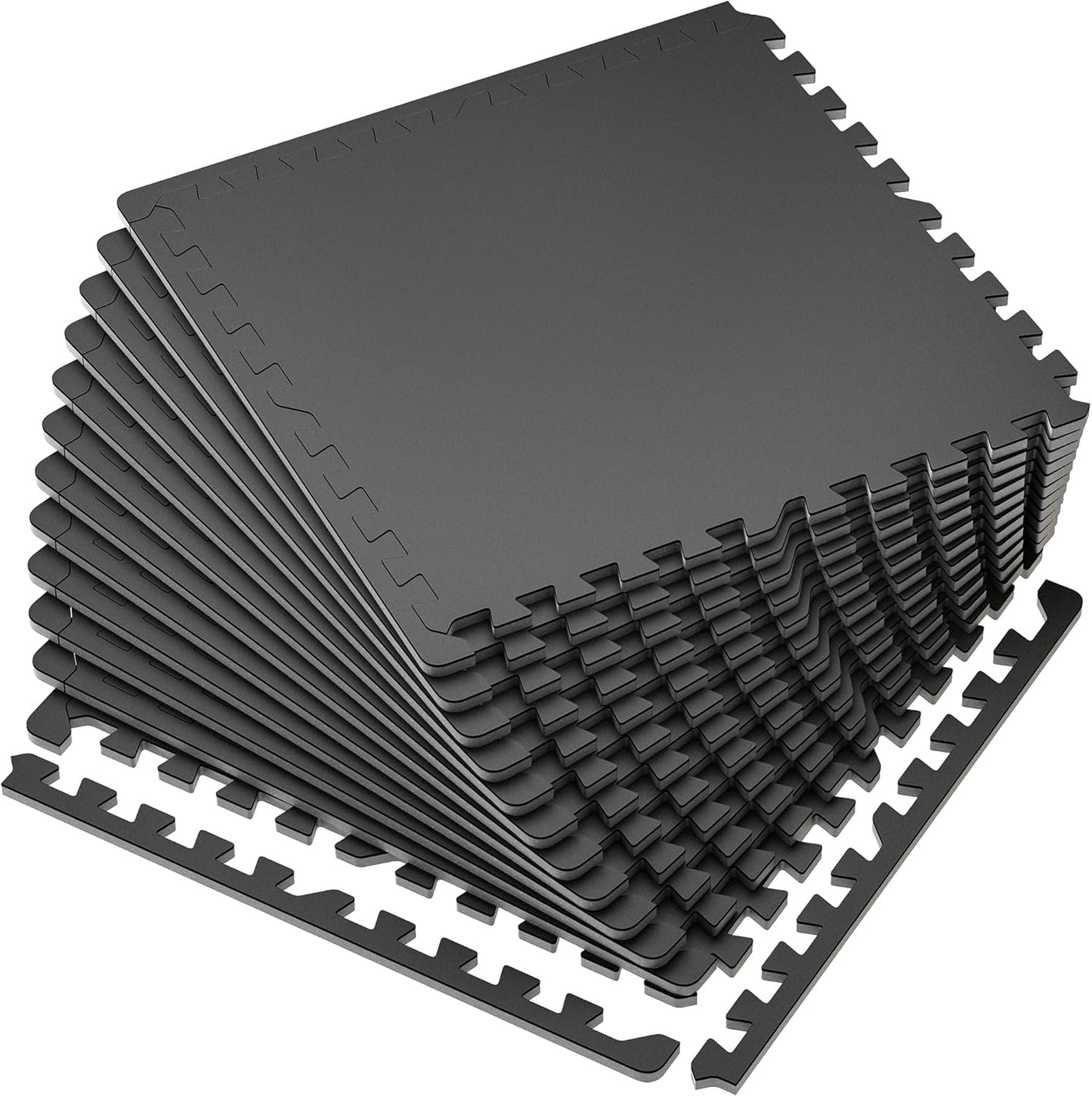 SUPERJARE 0.56'' Thick 12 Pcs 48 Sq Ft Rubber Top Exercise Equipment Mats, High Density EVA Foam Mats with Rubber Top, Interlocking Gym Flooring for Home Gym, Protective Workout Mat, Black