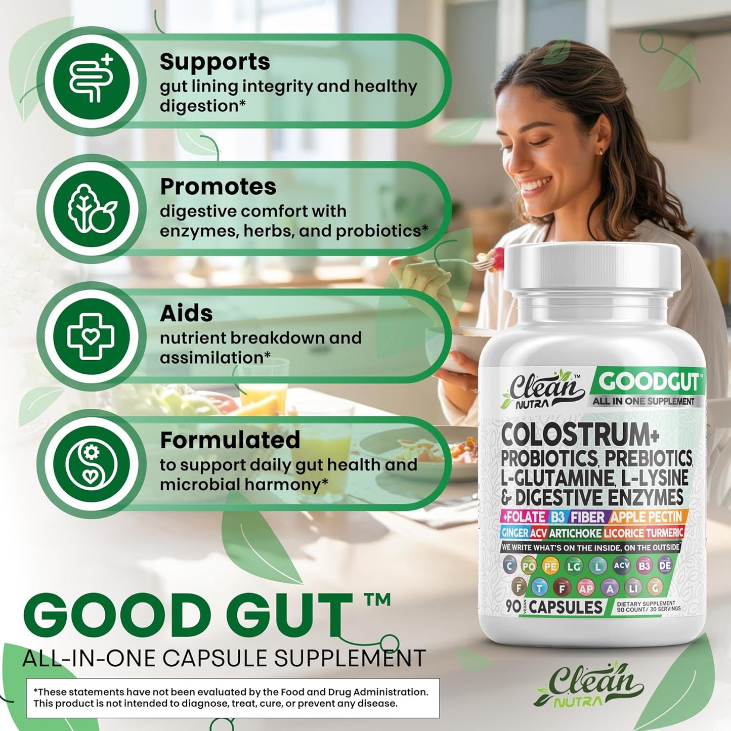 Clean Nutraceuticals Colostrum Supplement Capsules Probiotics Pills Prebiotics, L-Glutamine, Digestive Enzymes, Folate, Fiber, ACV, Turmeric, Apple Pectin and Turmeric Good Gut