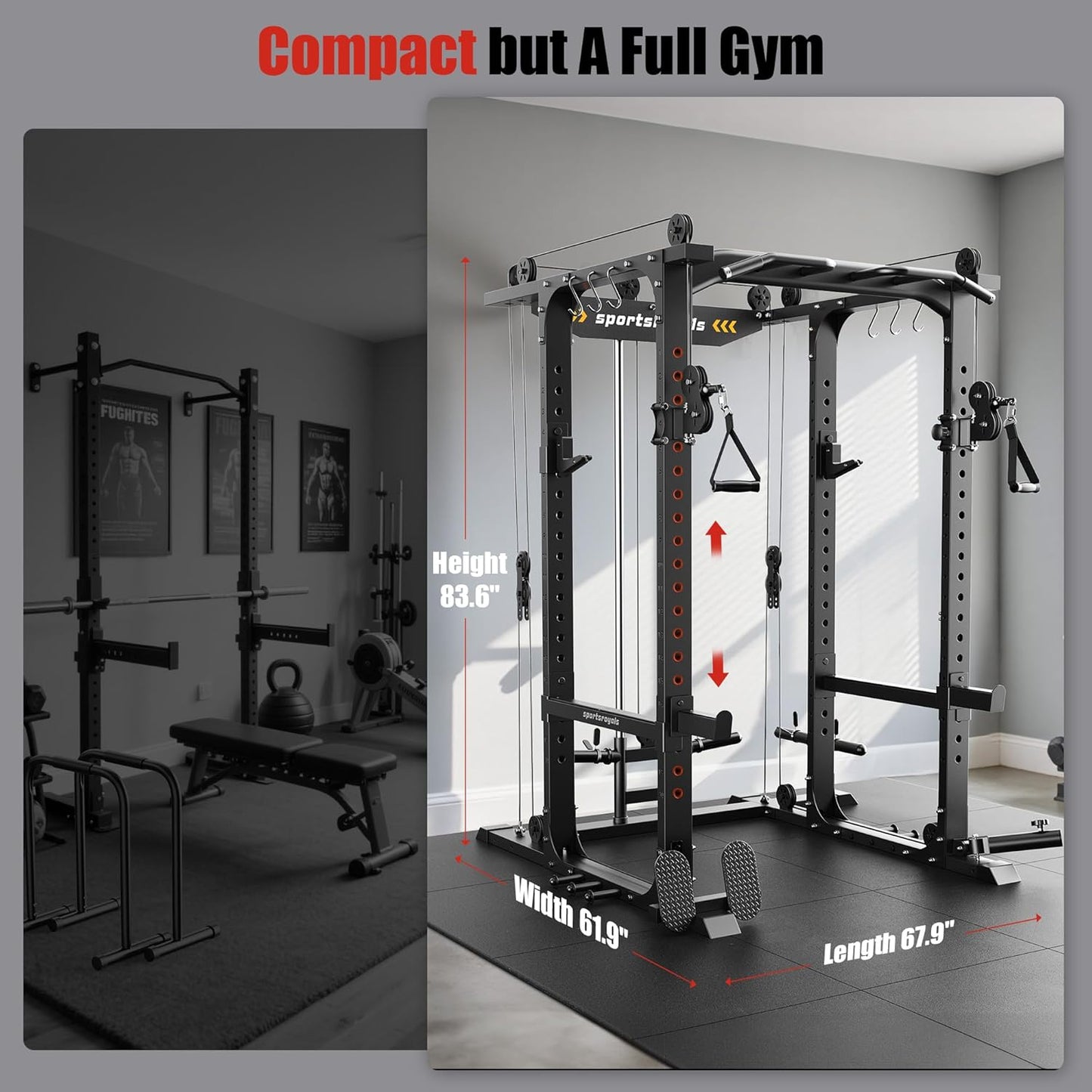 Sportsroyals Power Cage,1600lbs Multi-Function Power Rack with Adjustable Cable Crossover System and More Training Attachment, Weight Cage for Home Gym