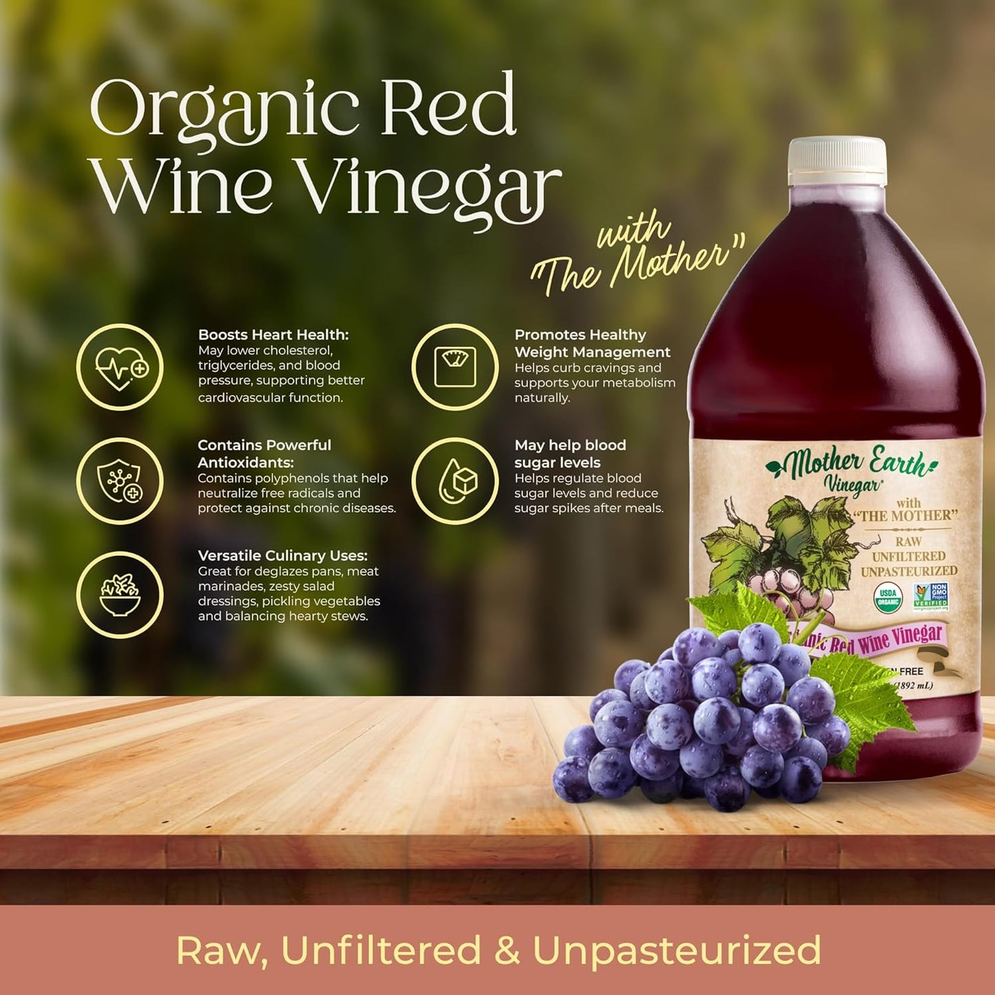 Mother Earth, Organic Red Wine Vinegar with The Mother, Fresh Pressed Organic Cabernet Grapes, ORWV, RWV, Raw, Unpasteurized, Unfiltered (1/64oz)