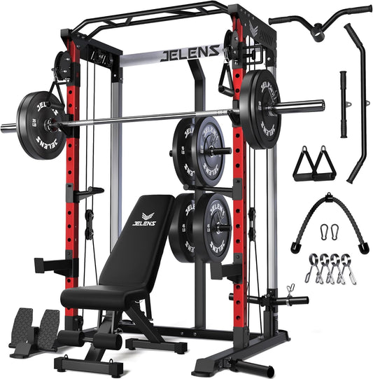 Power Cage, 2000LBS Multi-Function C21 Power Rack with Dual Pulley Cable Crossover System, All-in-One Squat Rack with More Training Attachments
