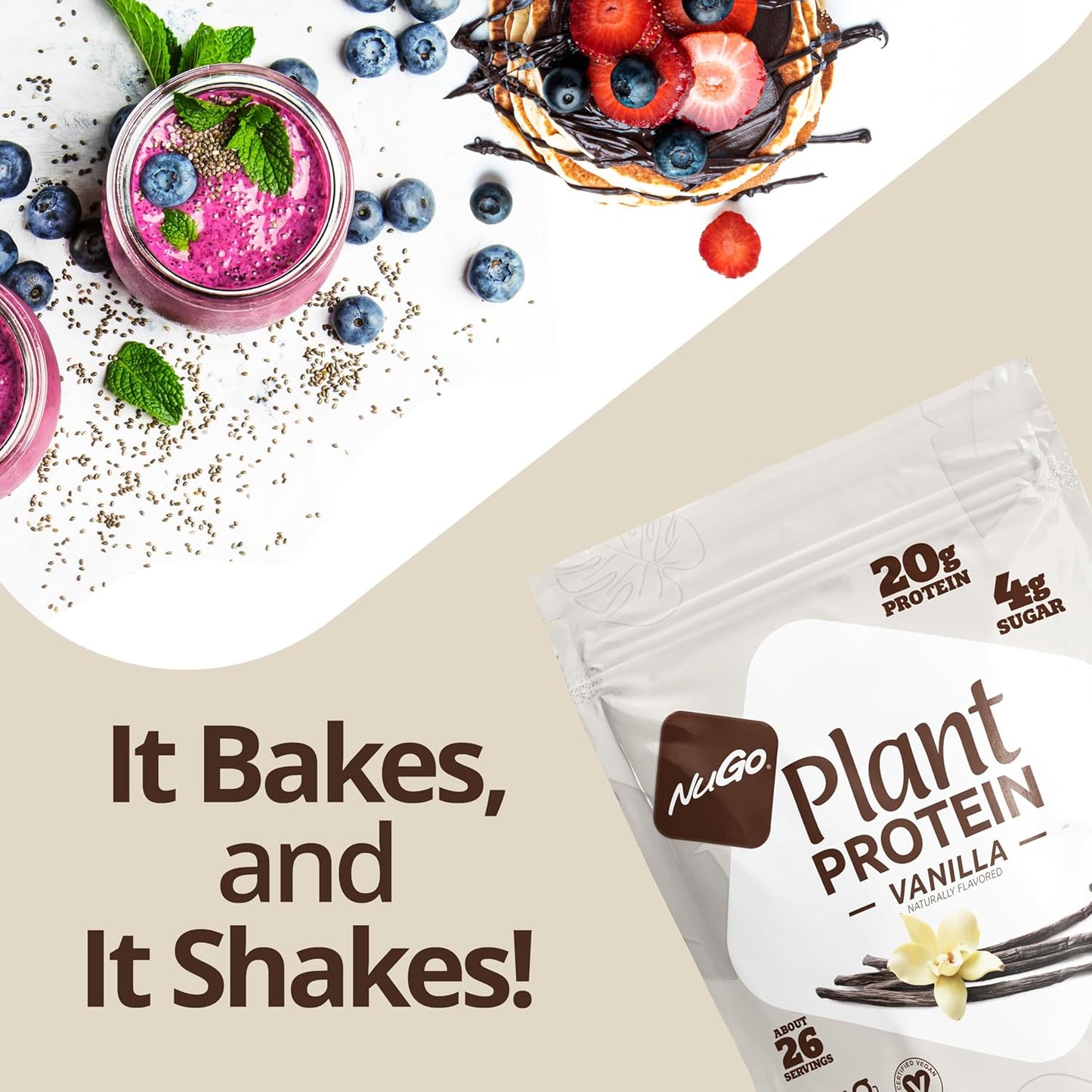 NuGo Plant Protein Powder, Chocolate, 20g Vegan Pea Protein, Low Sugar, Gluten Free, Dairy Free Ingredients, Soy Free, Non-GMO, Plant Based, Kosher, For Smoothies & Shakes, 25 Servings