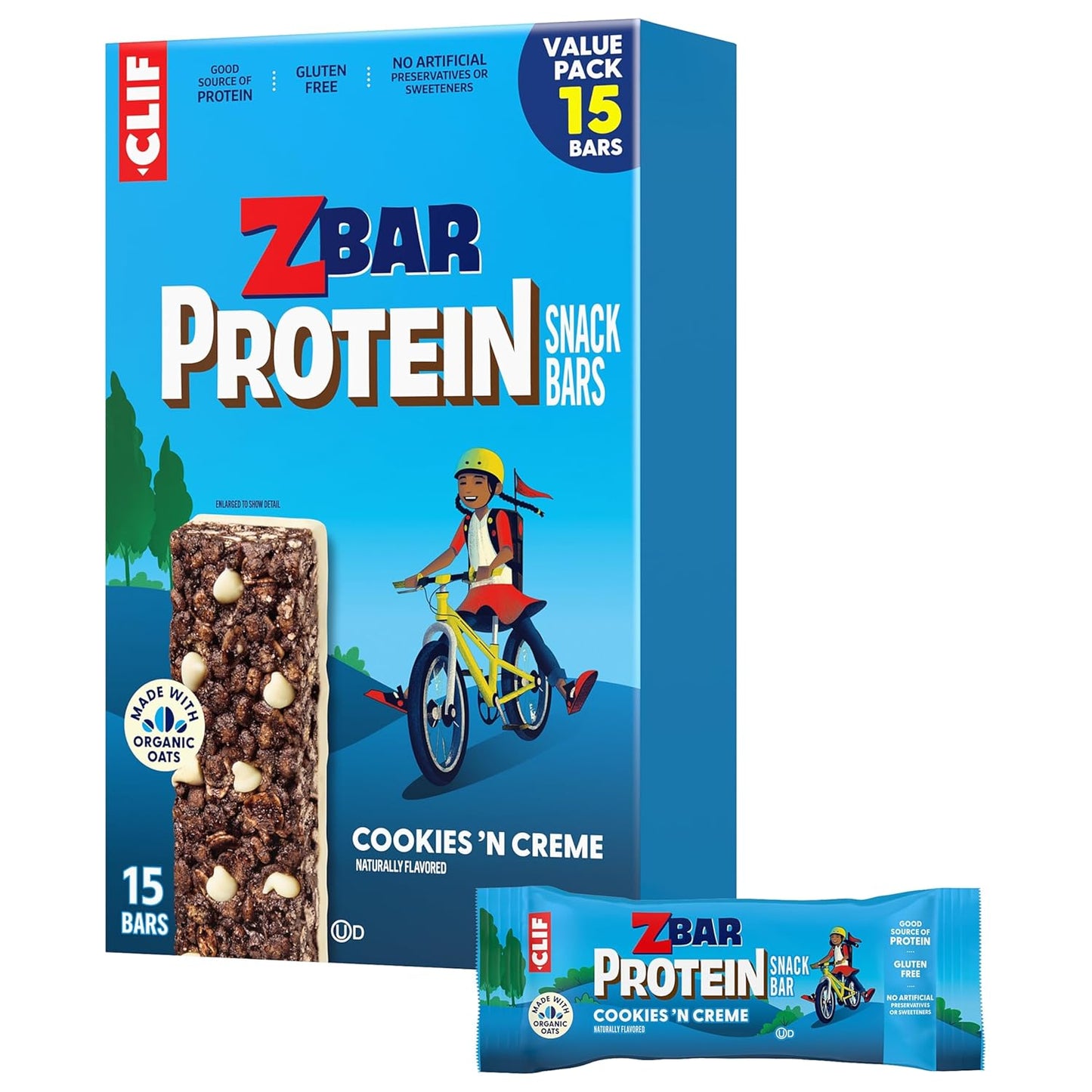 Zbar Protein - Cookies 'N Creme - Crispy Snack Bars - Made with Organic Oats - Non-GMO - 5g Protein - Gluten Free Protein Bars, School Snacks (15 Pack)
