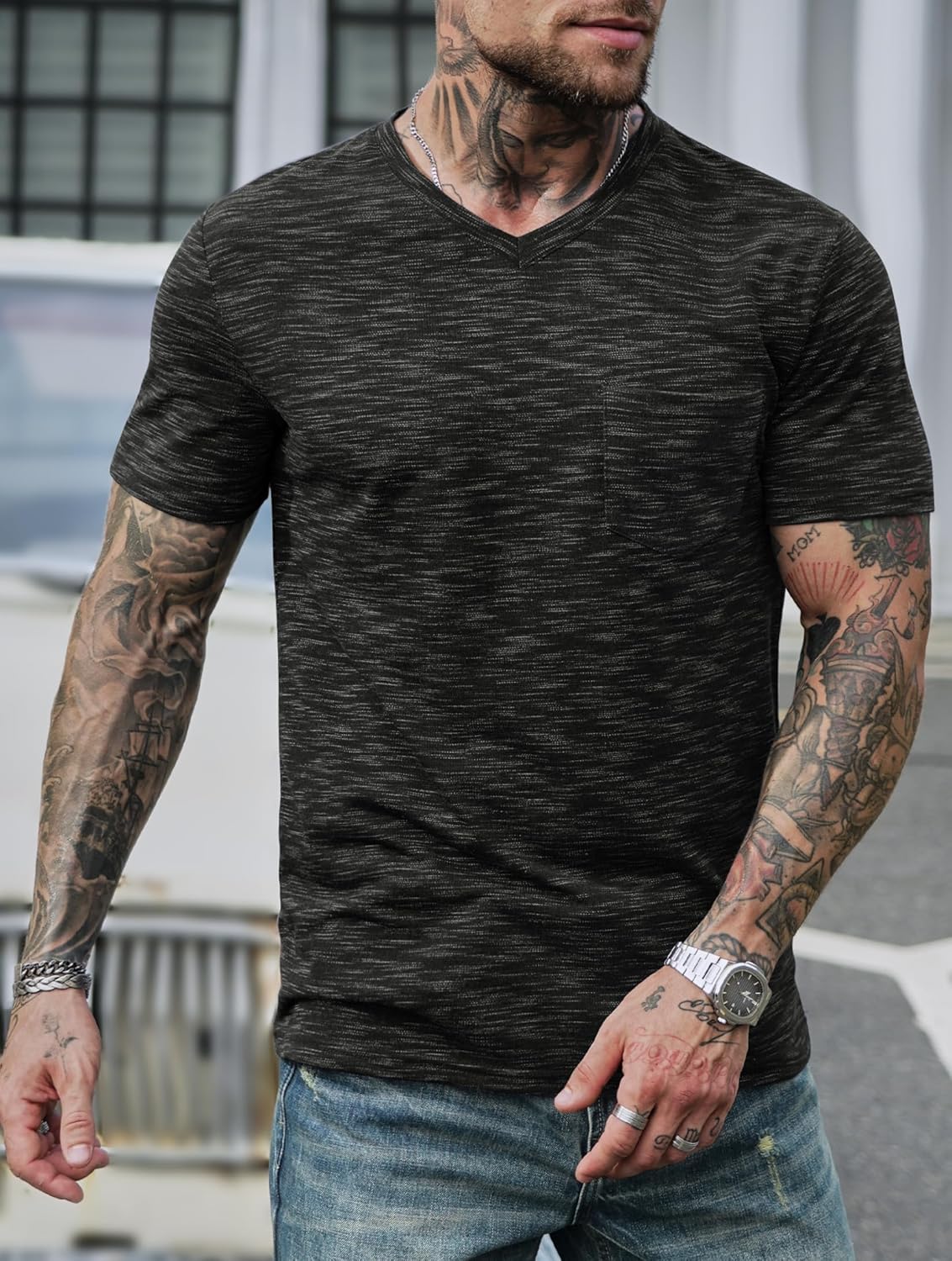 Men's V Neck T Shirts Casual Stylish Fitted Stretch Tee Shirt with Pocket (S-3XL)