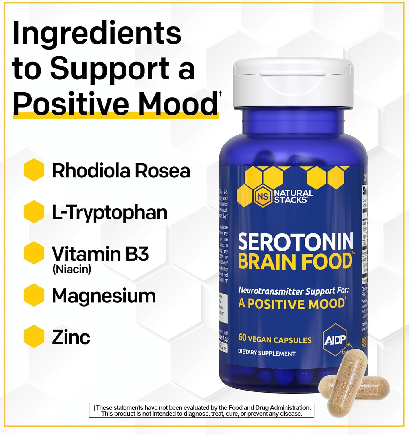 Serotonin Brain Food - 1250mg L-Tryptophan & 400mg Rhodiola Rosea Supplement - Mood Support Supplement for Stress Relief - Neurotransmitter Support with Magnesium Glycinate & Zinc - 60 Capsules