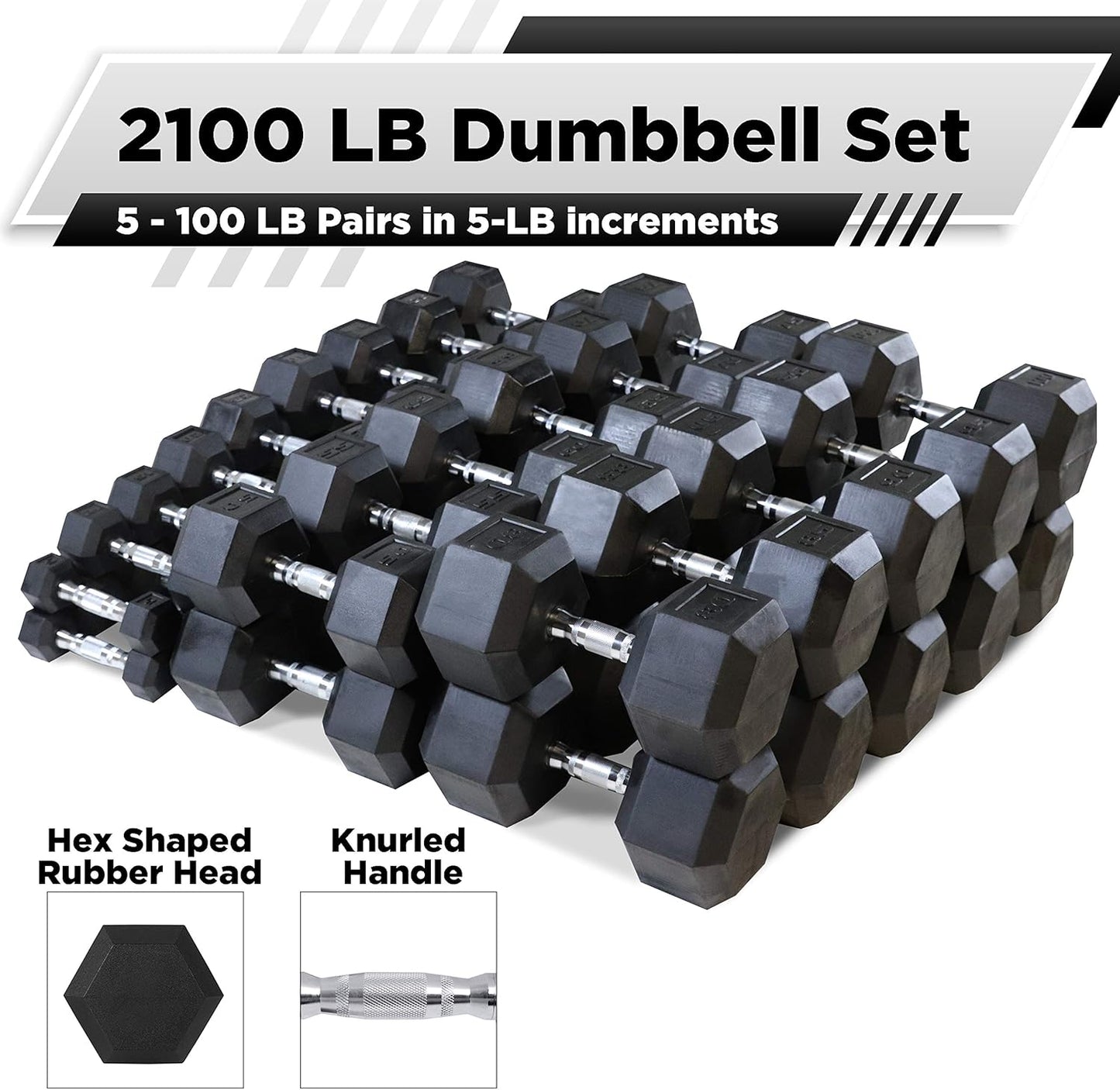 WF Athletic Supply Rubber Coated Hex Dumbbell Set, Multiple Choices Available - Dumbbells with Rack Stand and Mat, or Dumbbells Only (200/550/1200/2100/3000 LB)