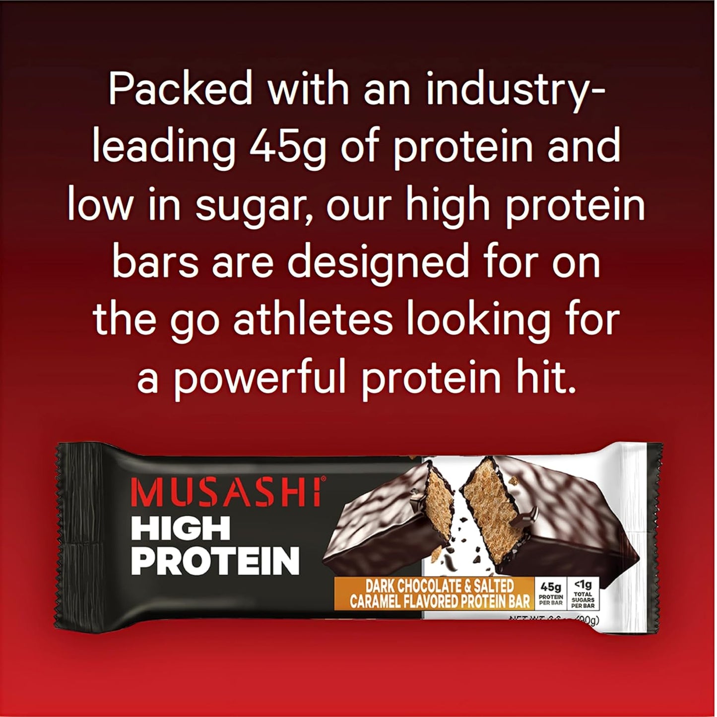 MUSASHI High Protein Bar, 45g Protein, <1g Total Sugars, Dark Chocolate & Salted Caramel, Post Workout and Protein Snack On The Go, 12 Pack of 3.2oz (90g) Bars