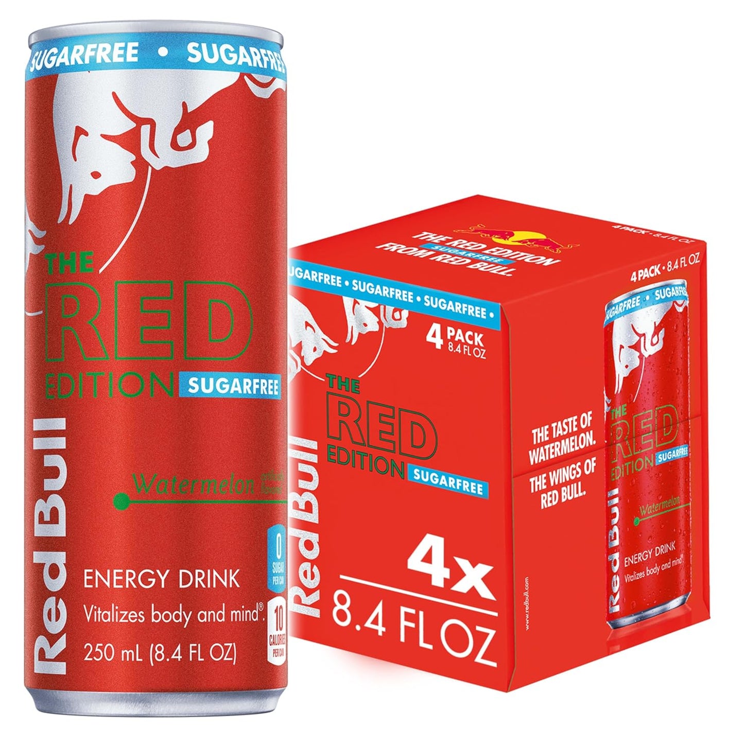 Red Bull Red Edition Sugar Free Energy Drink, Watermelon, with 80mg Caffeine plus Taurine & B Vitamins, 8.4 Fl Oz, Pack of 4 Cans