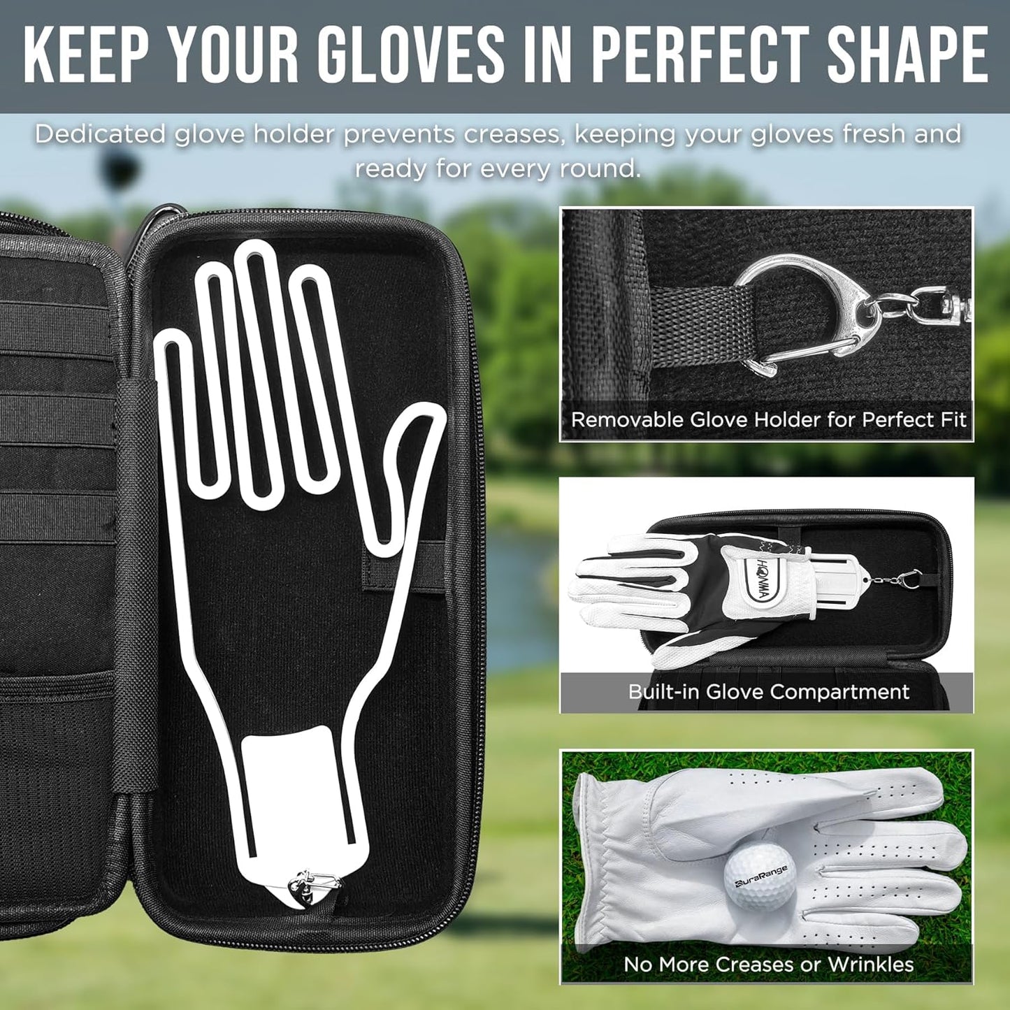 Golf Glove Holder Case with Glove Shaper - Portable Golf Accessories Organizer for Men & Women - Waterproof 900D Nylon, Large Capacity for Balls, Tees, Markers - Ideal Gift