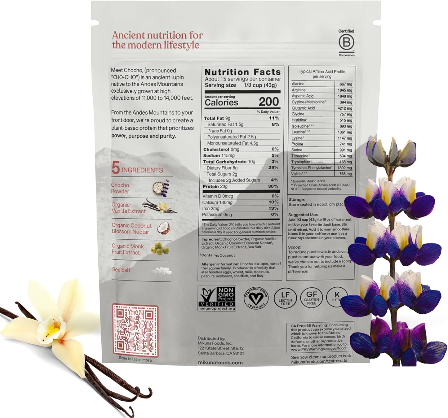 Mikuna Vegan Protein Powder (Vanilla, 15 Servings) - Plant Based Chocho Superfood Protein - Dairy Free Protein Powder Packed with Vitamins, Minerals & Fiber - Gluten, Keto & Lectin-Free