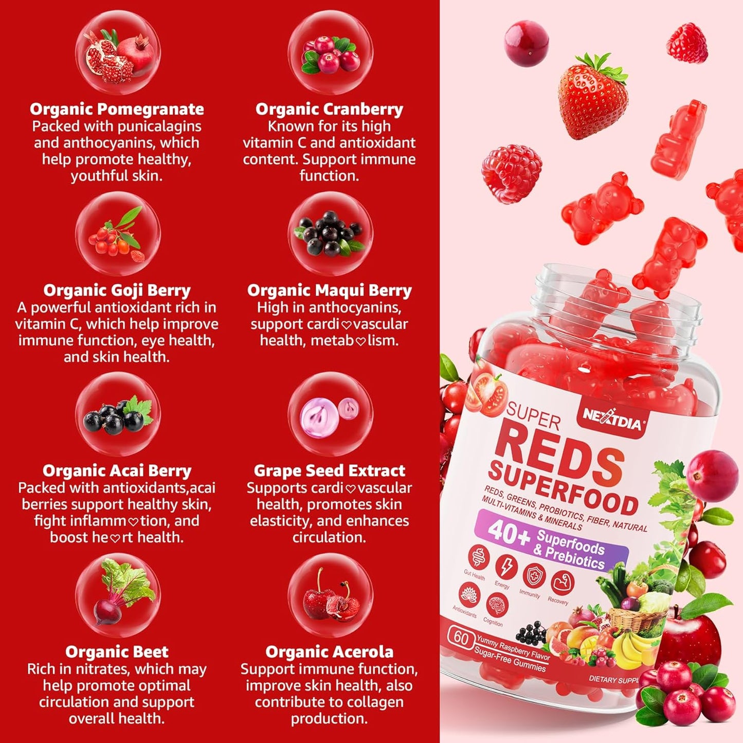 Super Reds Gummies, Fruit and Veggie Supplement w/40+ Superfoods, Polyphenol, Fruits Berries, Super Greens, Beet Root Powder Alternative, Support Energy, Antioxidants, Gut Health, Immunity, 60Cts