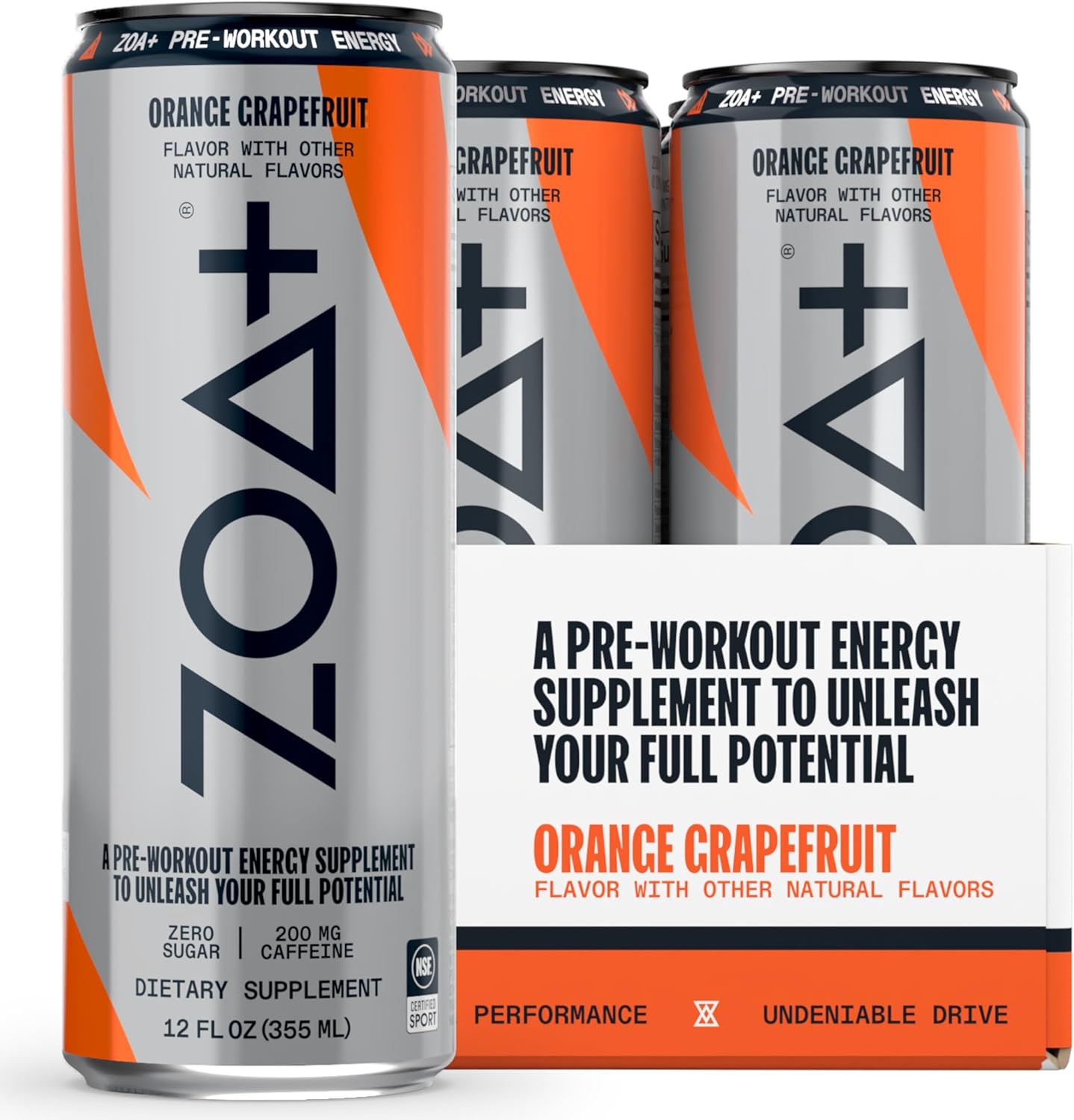 ZOA+ Pre-Workout Energy Drink Supplement - NSF Certified for Sport with Zero Sugar, Nitric Oxide Support, B & D Vitamins, Amino Acids, and Electrolytes (Orange Grapefruit)