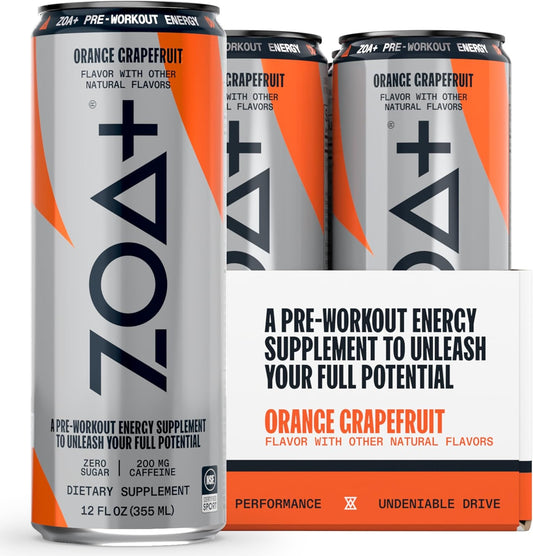 ZOA+ Pre-Workout Energy Drink Supplement - NSF Certified for Sport with Zero Sugar, Nitric Oxide Support, B & D Vitamins, Amino Acids, and Electrolytes (Orange Grapefruit)