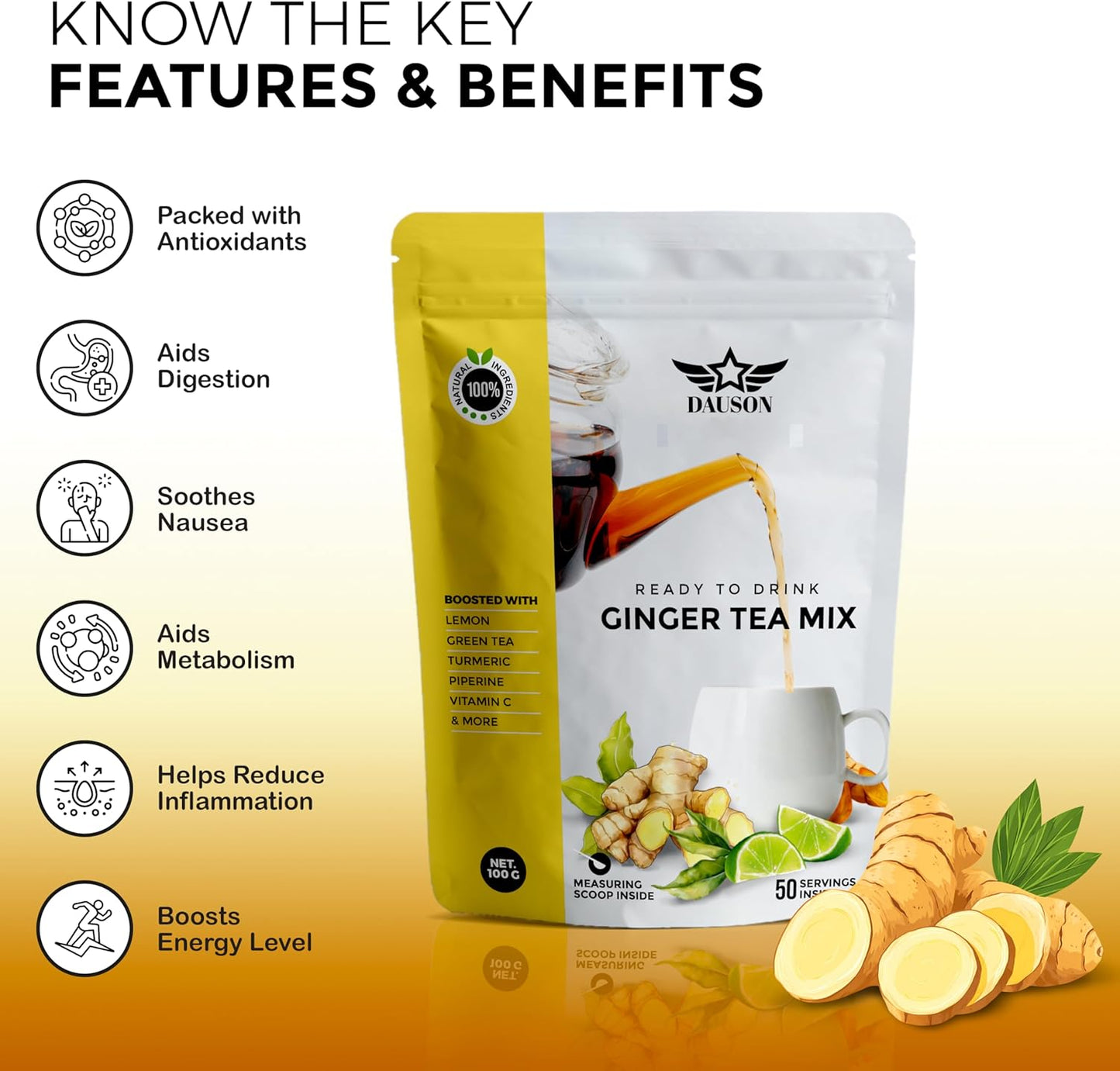 Ginger Tea Mix – 50 Servings | Instant Powder with Lemon, Turmeric, Licorice & Vitamin C | Caffeine-Free Herbal Blend with Green Tea Extract & Black Pepper | Natural Detox & Immune Support