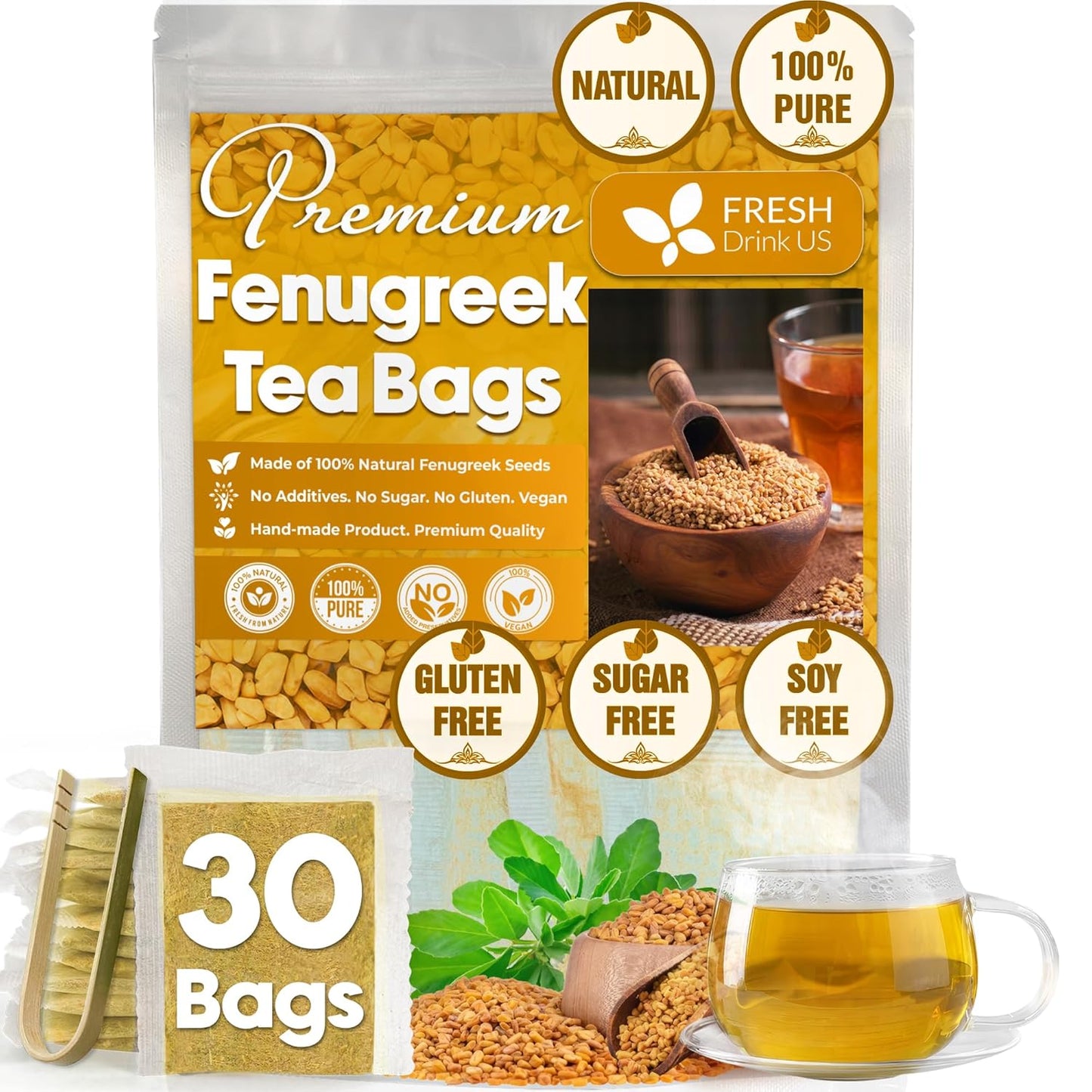 FreshDrinkUS, Premium 30 Fenugreek Tea Bags, 100% Natural & Pure from Fenugreek. Fenugreek Herbal Tea. Made with Natural Material Tea Bags. No Sugar, No Caffeine, No Gluten, Vegan.
