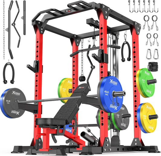 Power Cage Multi-Function Power Rack with Cable Crossover System,1800 LBS Capacity Squat Rack with Weight Bench,for Home Gym