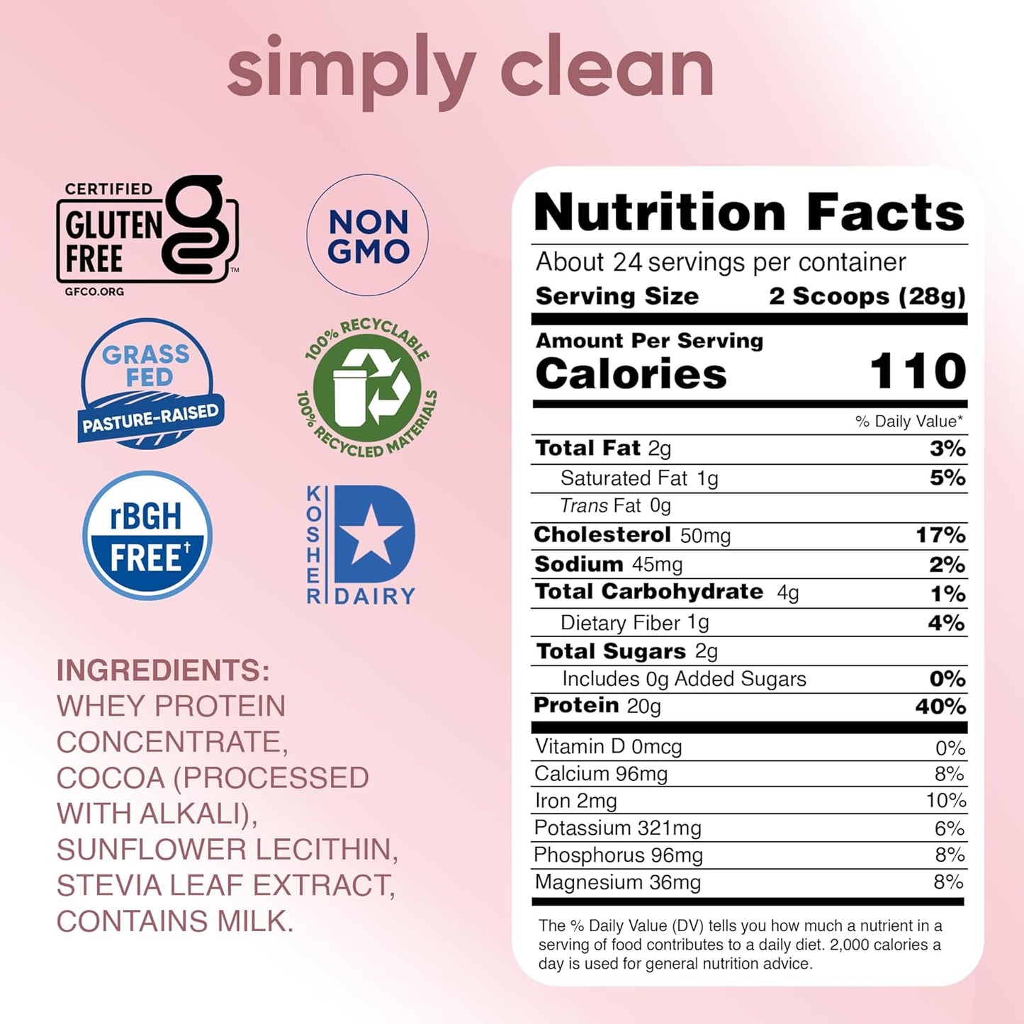 simply tera's Pure Whey Protein Powder - Dark Chocolate Clean Protein Powder, Grass Fed Whey Protein Powder Without Artificial Sweeteners, Clean Label, Non-GMO, Kosher, rBGH-Free - 24 Oz