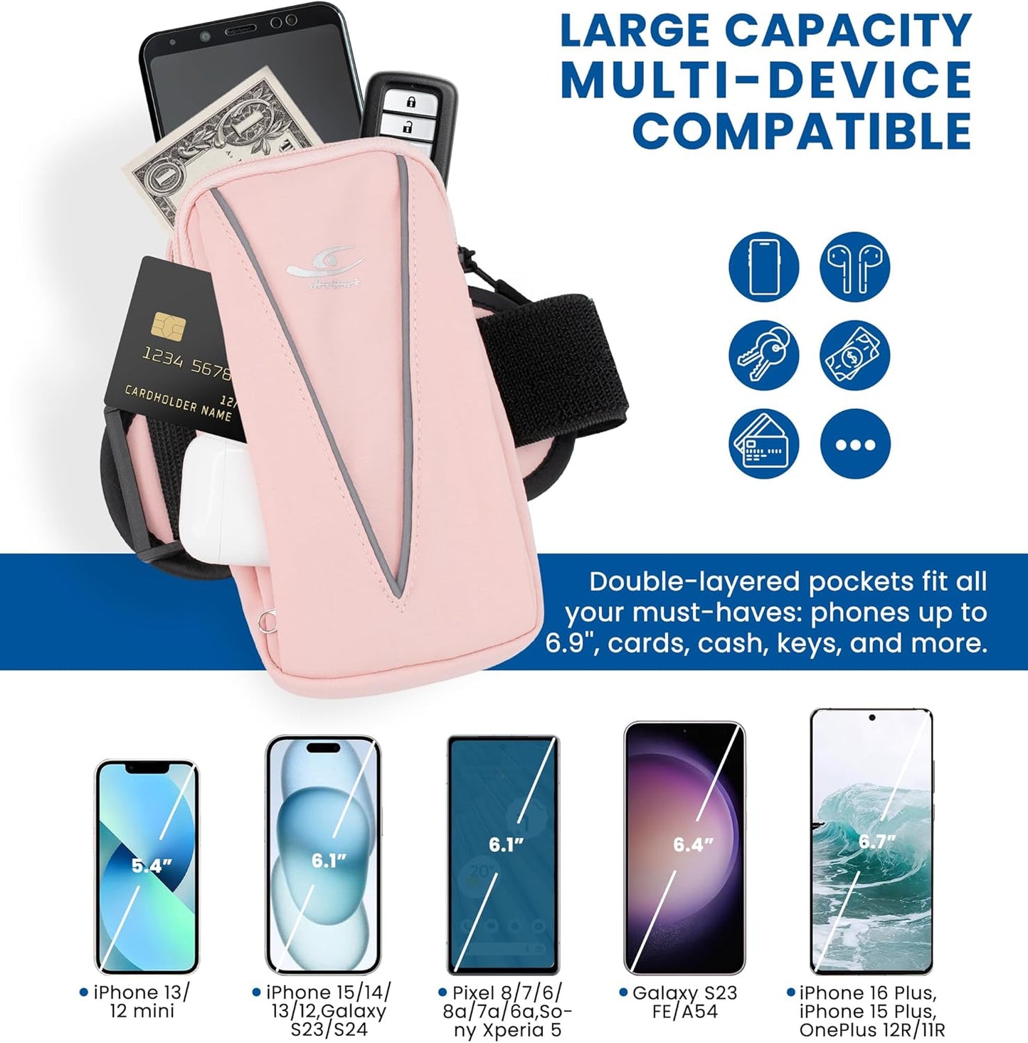 HiRui Cell Phone Holder Arm Bag & Wrist Bag for Phone, Sports Running Armband for Gym & Cycling, Compatible with iPhone 16/16Pro/Plus/15/14 Samsung Galaxy All Phones, Reflective & Adjustable (Pink)