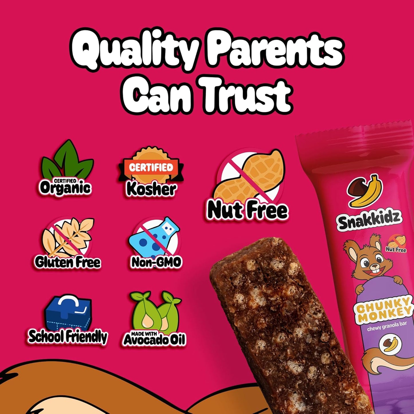 Snakkidz Organic Chewy Granola Bar, Allergen Free, Made with Avocado Oil, Low Sugar (45 Bars, Chunky Monkey)