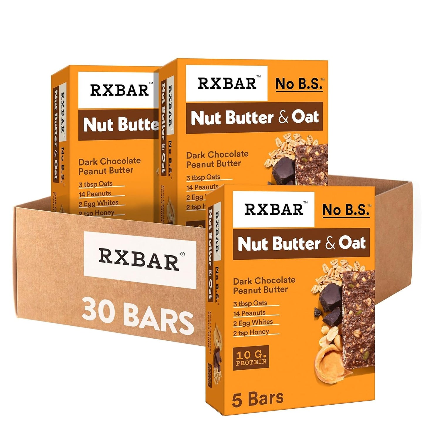 RXBAR Nut Butter and Oat Protein Bars, Protein Snacks, Snack Bars, Dark Chocolate Peanut Butter (6 Boxes, 30 Bars)