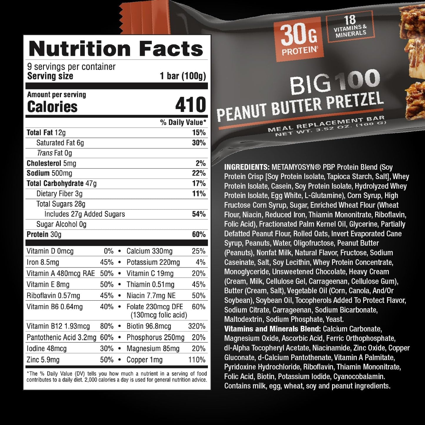 MET-Rx Big 100 Colossal Protein Bars, Great as Healthy Meal Replacement, Snack, and Help Support Energy, Peanut Butter Pretzel, With Vitamin A, Vitamin C, and Zinc, 100 g, (Pack of 9)