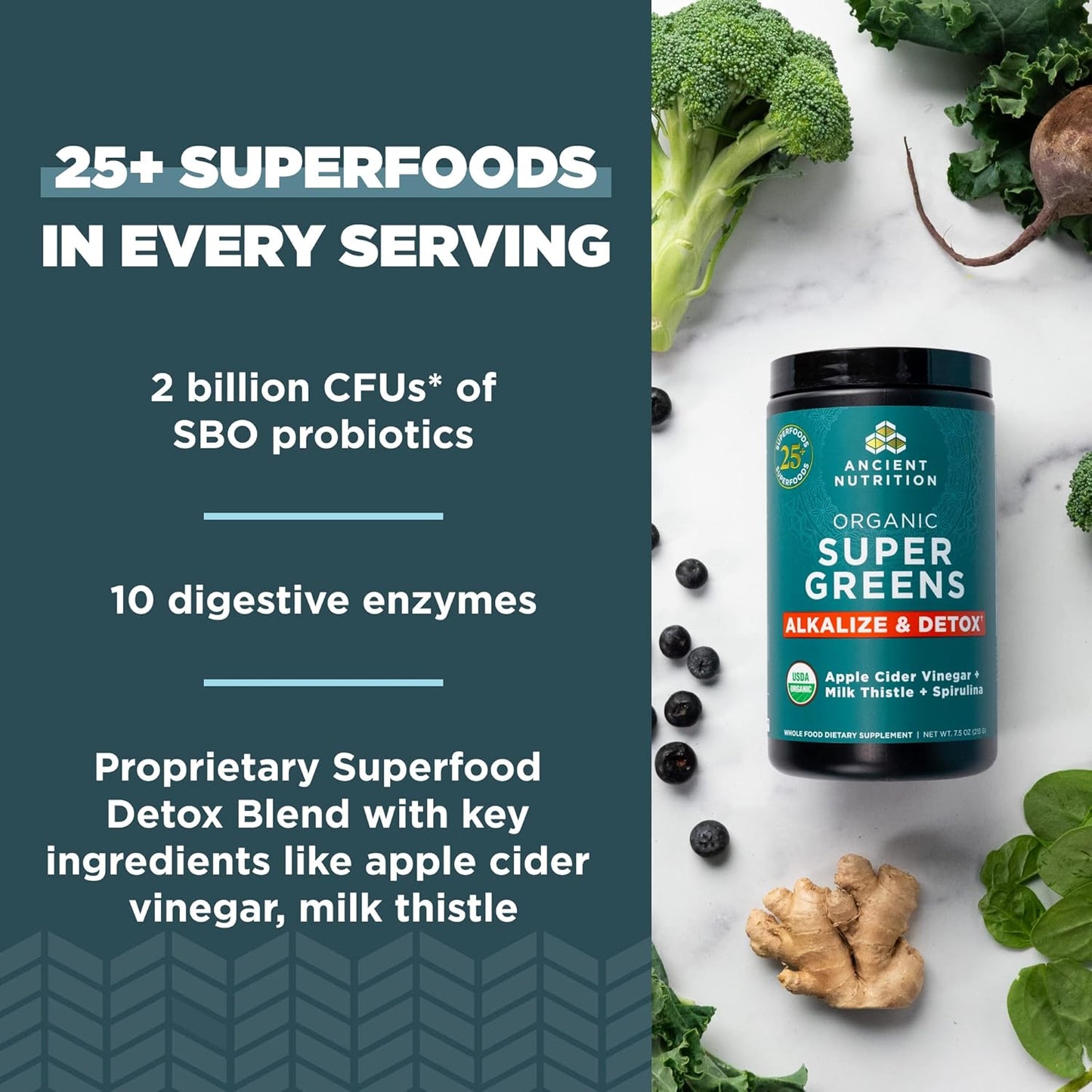 Supergreens Alkalize & Detox Powder by Ancient Nutrition, Organic Superfood Powder Made from Real Fruits, Vegetables and Herbs, for Digestive and Energy Support, 25 Servings, 7.5oz