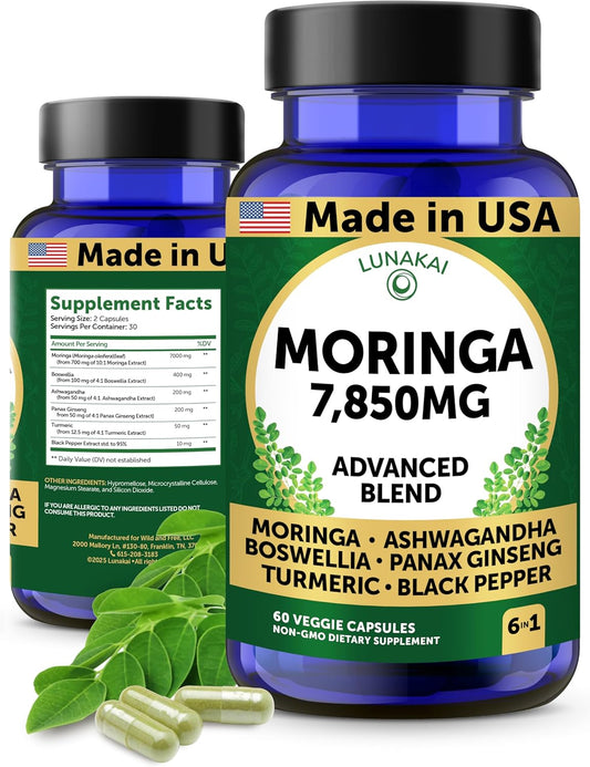 Lunakai USA Made Pure Moringa Capsules – Advanced Moringa Leaf Extract Supplement with Ashwagandha, Boswellia, Ginseng & Turmeric, 60ct