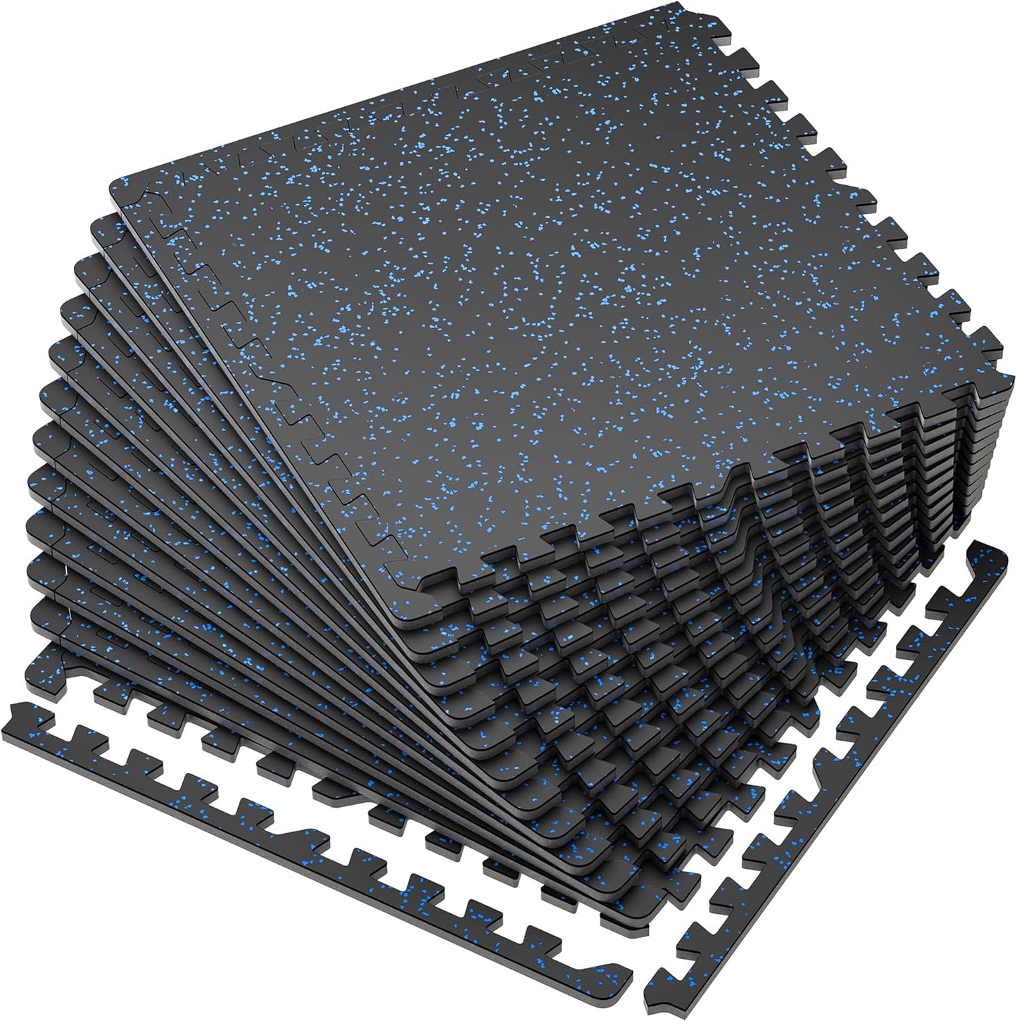 SUPERJARE 0.56'' Thick 12 Pcs 48 Sq Ft Rubber Top Exercise Equipment Mats, High Density EVA Foam Mats with Rubber Top, Interlocking Gym Flooring for Home Gym, Protective Workout Mat, Black/Blue