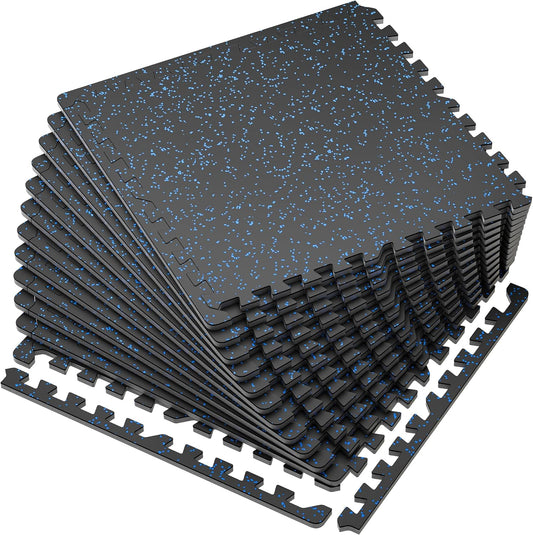 SUPERJARE 0.56'' Thick 12 Pcs 48 Sq Ft Rubber Top Exercise Equipment Mats, High Density EVA Foam Mats with Rubber Top, Interlocking Gym Flooring for Home Gym, Protective Workout Mat, Black/Blue
