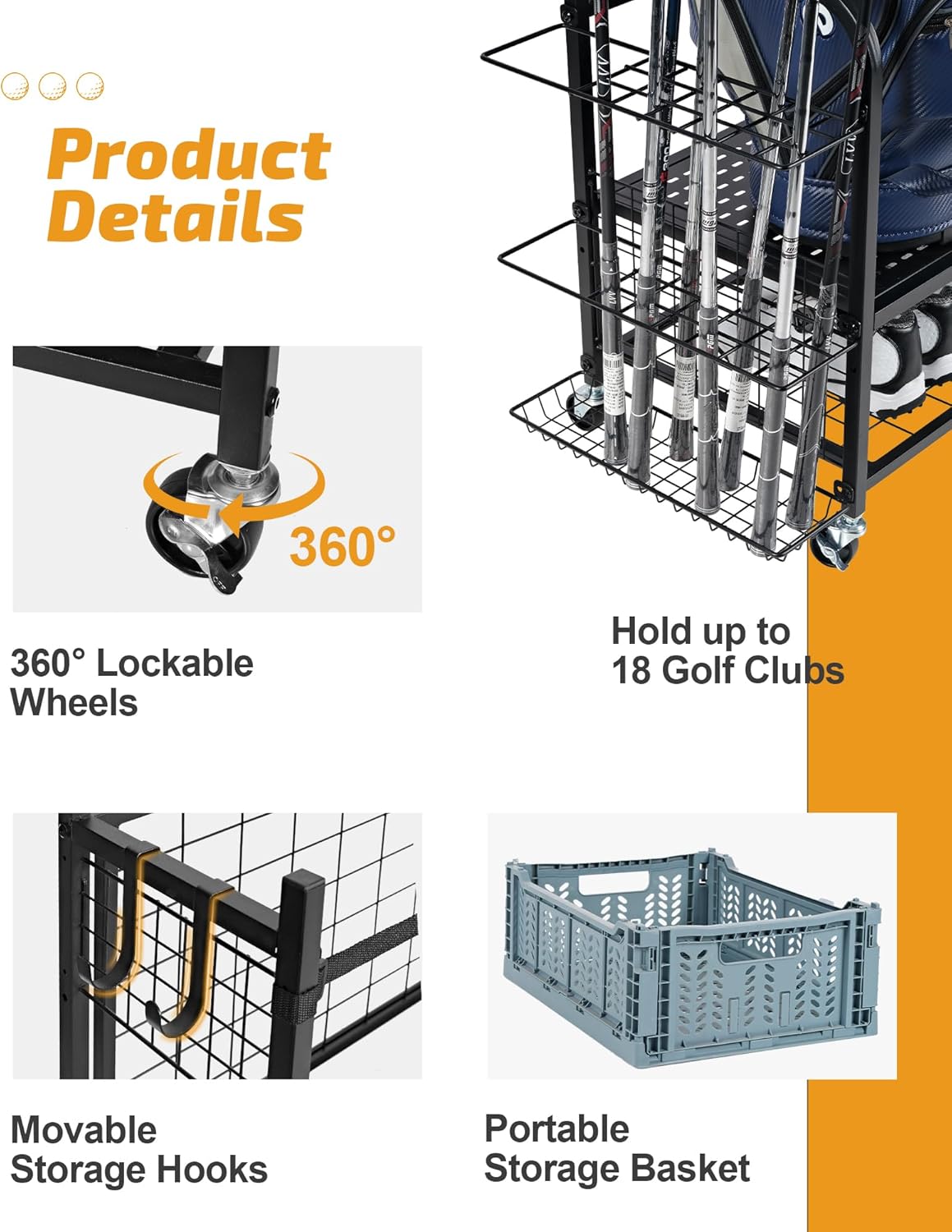 PLKOW 4 Golf Bag Organizer Garage Storage, Extra Large Golf Bag Storage Rack for Golf Bag, Golf Clubs and Golf Accessories, Golf Storage for Garage, Golf Clubs, Basement
