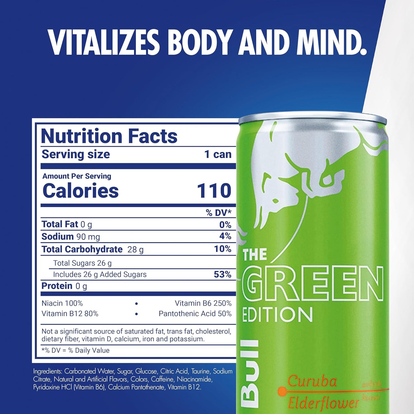 Red Bull Green Edition Energy Drink, Curuba Elderflower, with 80mg Caffeine plus Taurine & B Vitamins, 8.4 Fl Oz, Pack of 24 Cans