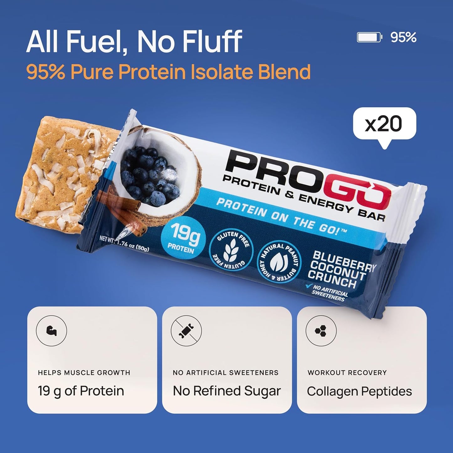 ProGo Protein Bars, Low Sugar, High Protein Snacks (19g) - 95% Pure Isolate for Faster Muscle Growth & Recovery, Low Calorie, Sweetened w/Peanut Butter & Honey (20-Count, Blueberry Coconut)