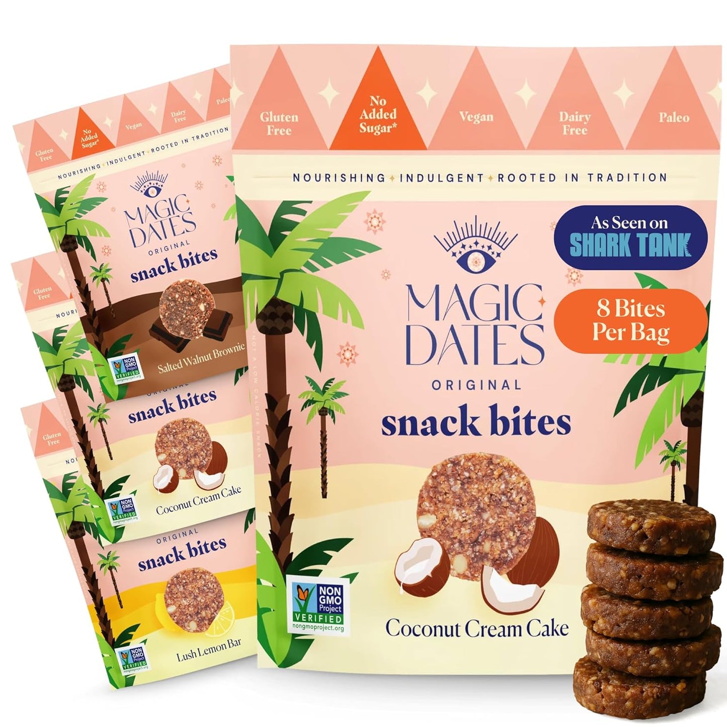 MAGICDATES Date Snack Bites | Variety Pack – 4 Bags (16 Servings) | Medjool Dates | Gluten-Free | Vegan | Paleo | No Added Sugar | Plant-Based Snack Bites | Healthy On-the-Go Snack | Grown in California
