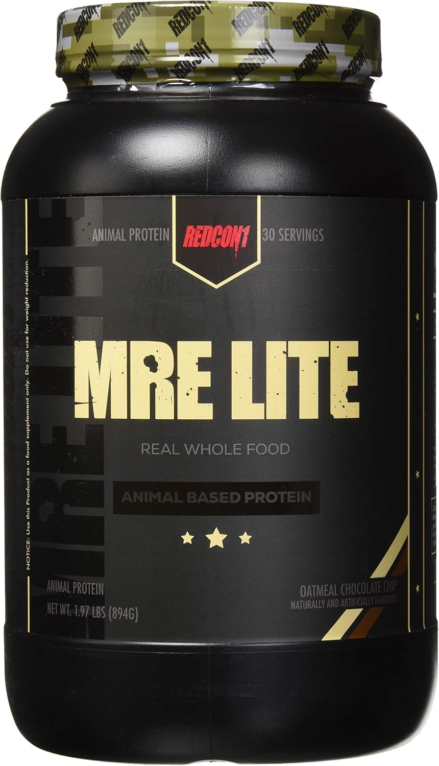 REDCON1 MRE Lite Whole Food Protein Powder, Oatmeal Chocolate Chip - Low Carb & Whey Free Meal Replacement with Animal Protein Blends - Easy to Digest Supplement Made with MCT Oils (30 Servings)